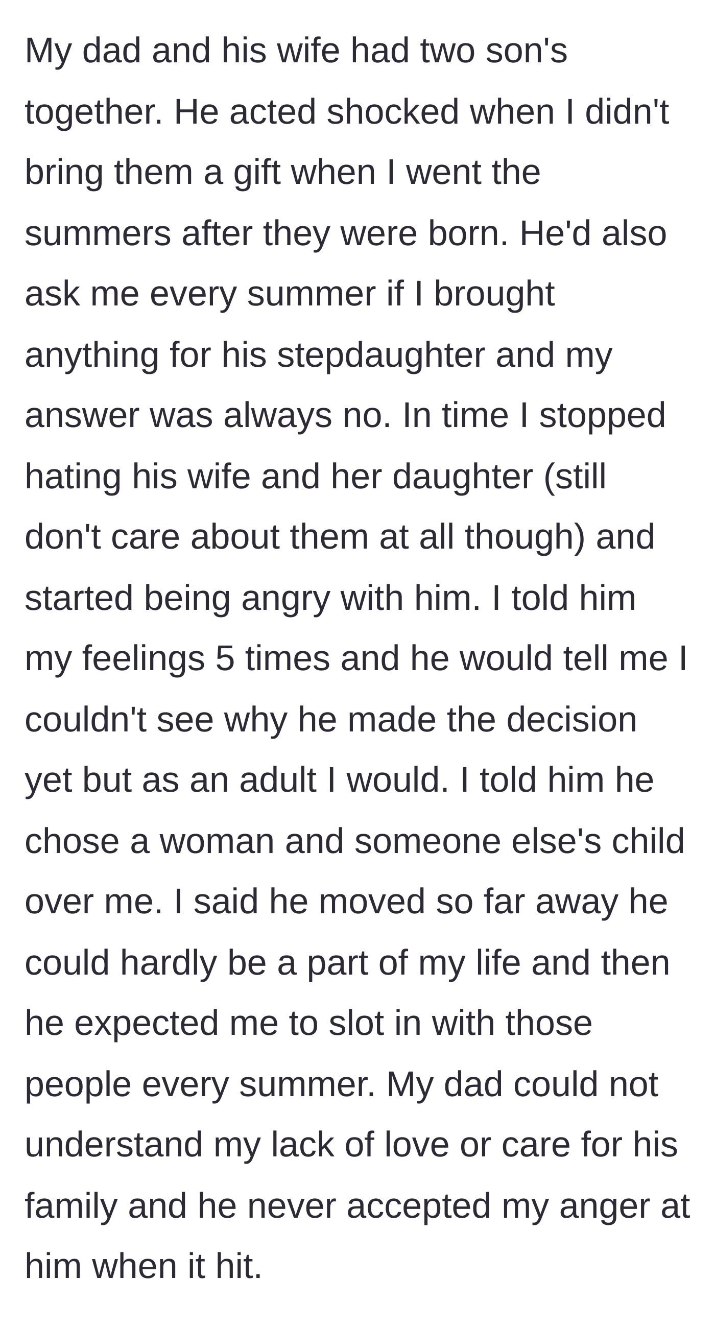 Story part 4 - A teenager rolling her eyes as her father demands gifts for his new sons.