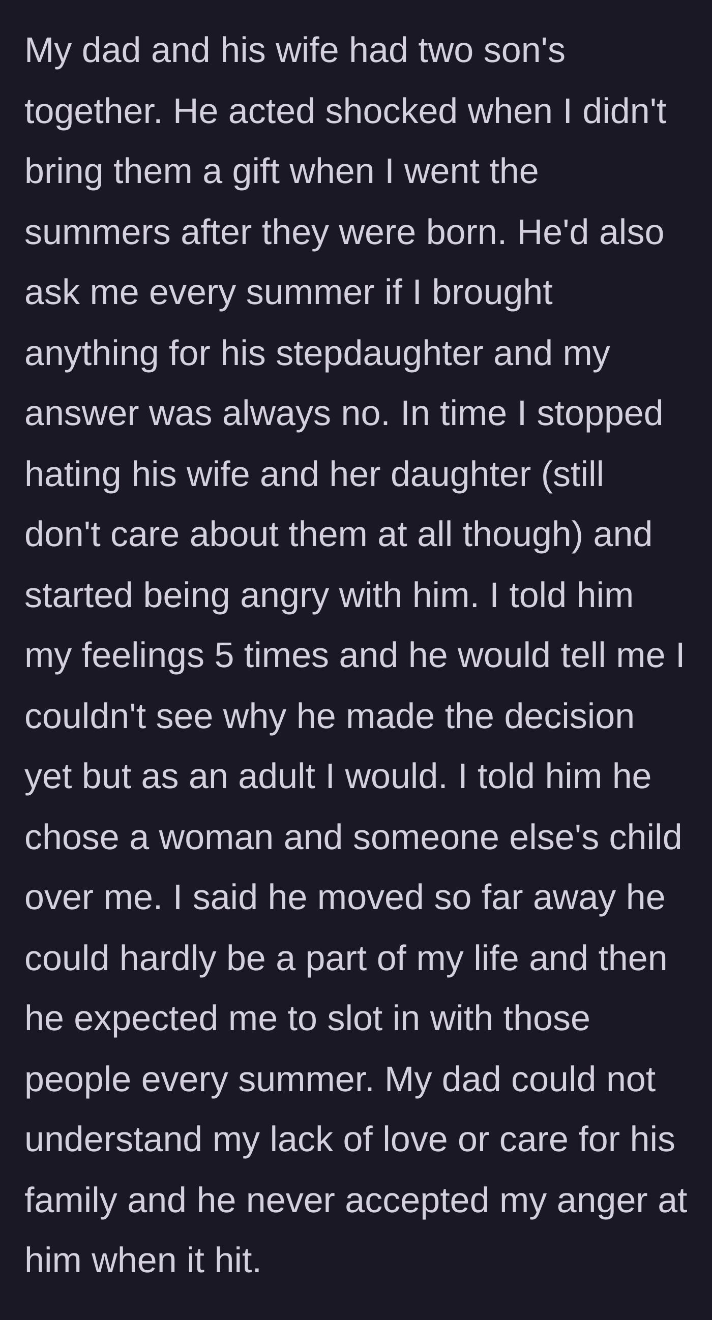 Story part 4 - A teenager rolling her eyes as her father demands gifts for his new sons.