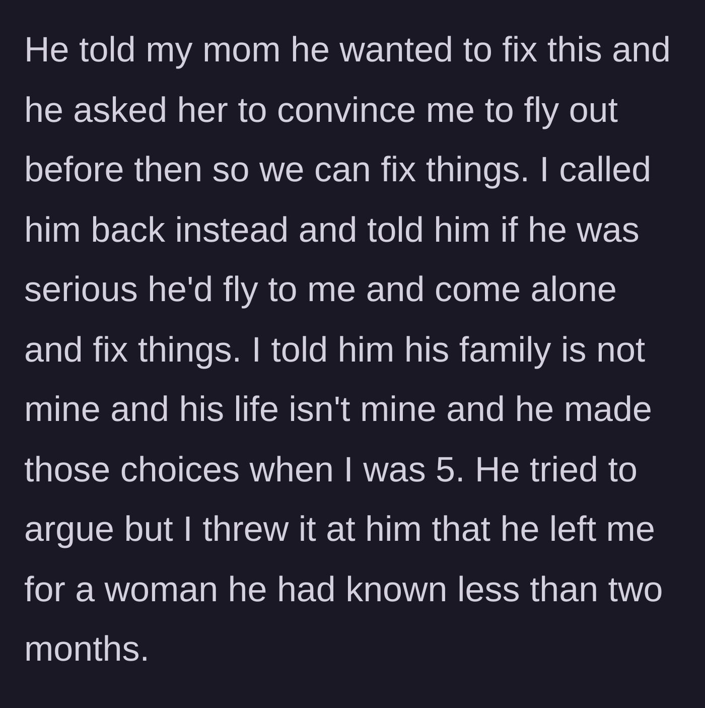 Story part 7 - The teenager laying down a firm boundary that her father must come to her alone if he wants a relationship.