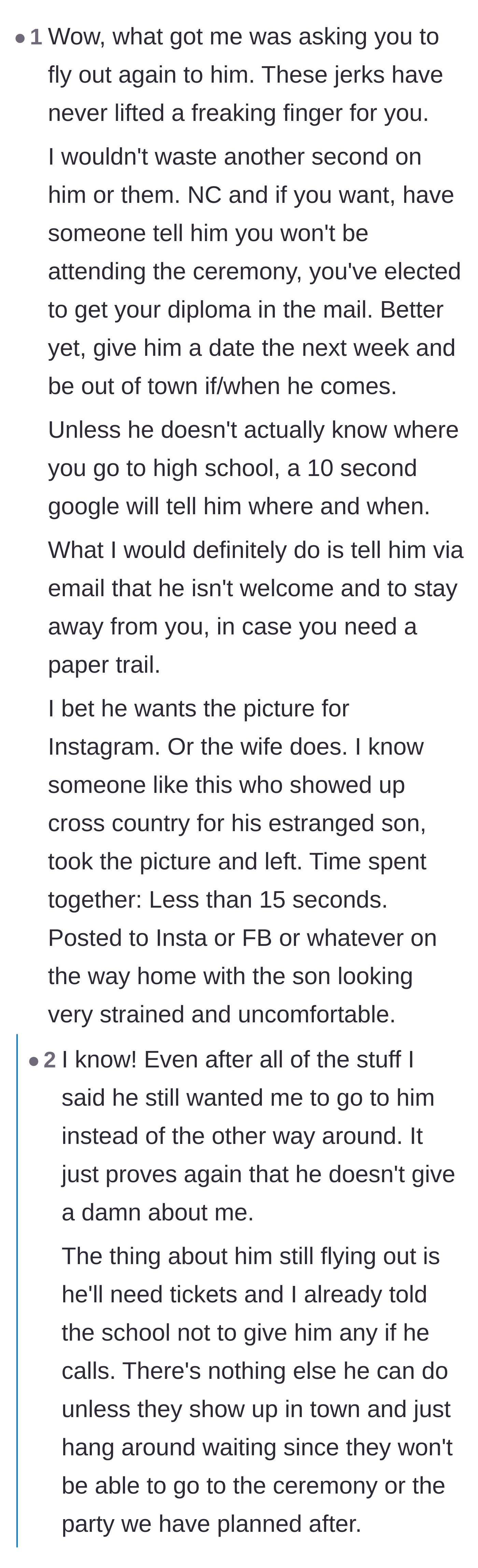 Comment thread 3 - Discussion about the father only wanting to attend the graduation for a fake social media photo op.