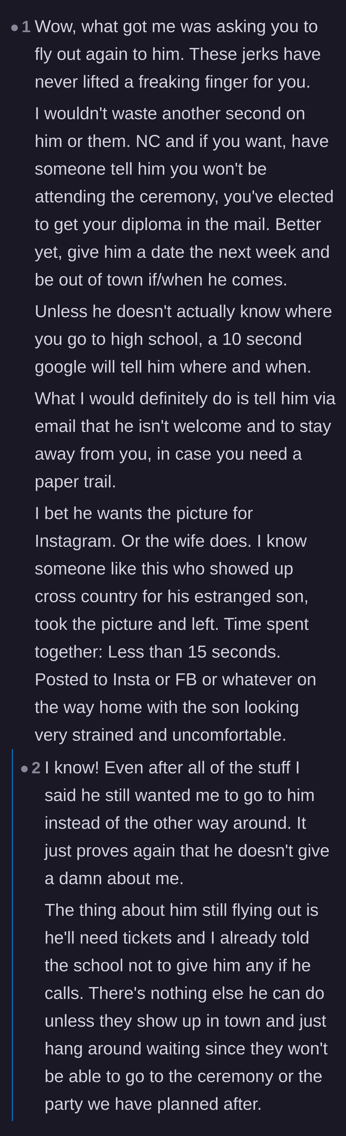 Comment thread 3 - Discussion about the father only wanting to attend the graduation for a fake social media photo op.