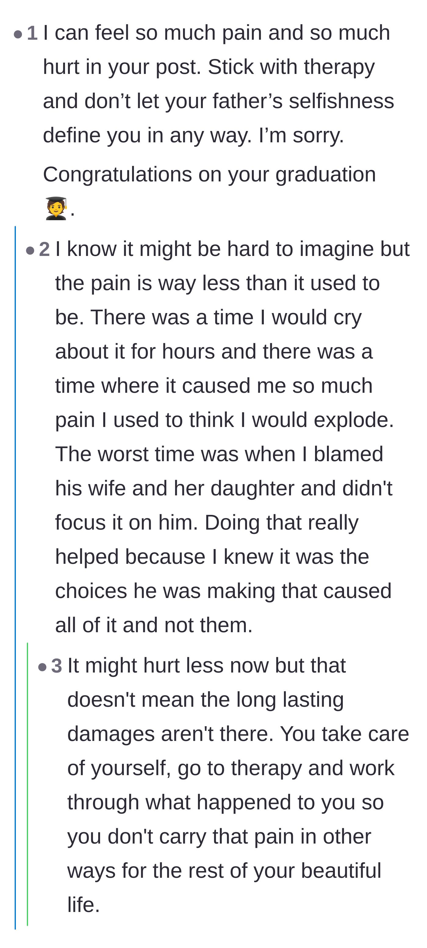 Comment thread 4 - Empathetic thread congratulating the graduate and discussing her emotional healing.