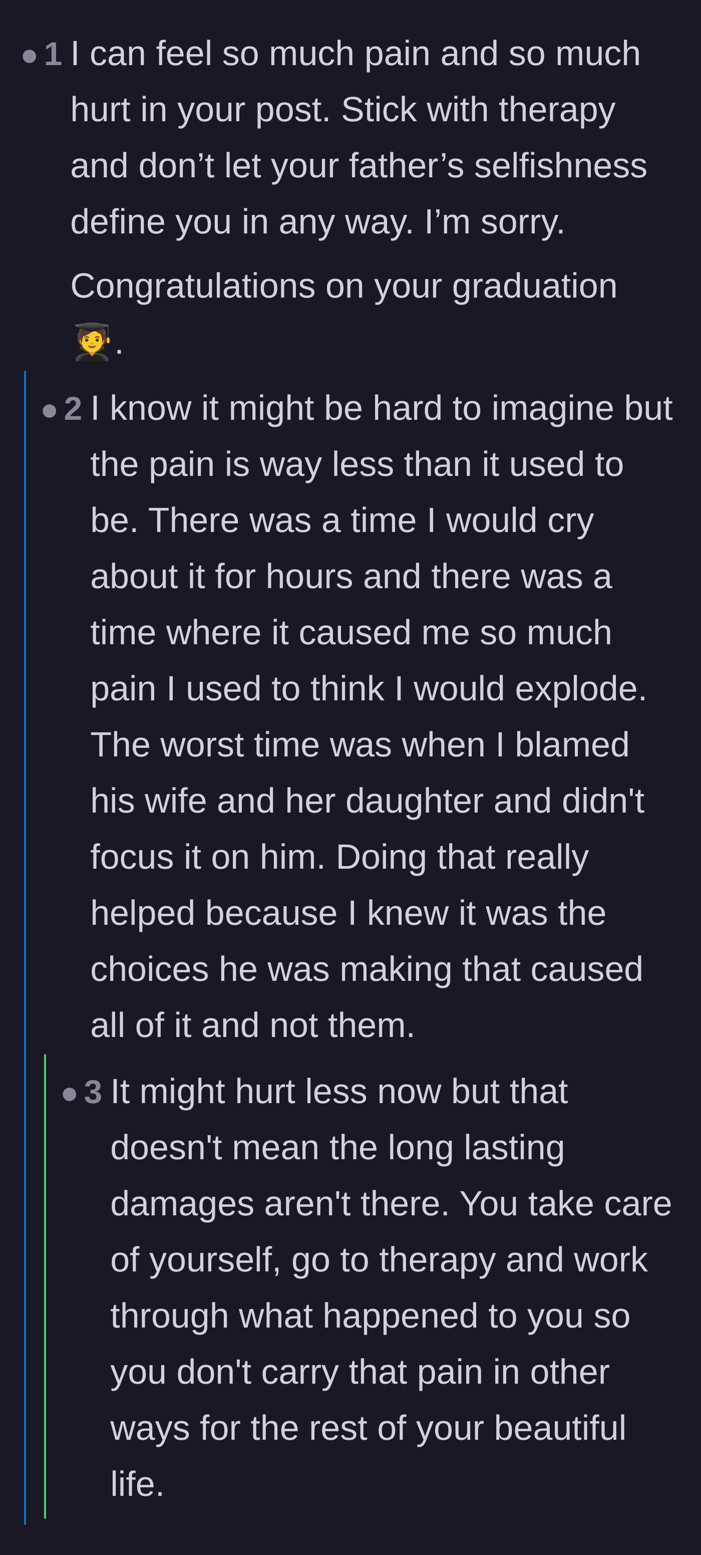 Comment thread 4 - Empathetic thread congratulating the graduate and discussing her emotional healing.