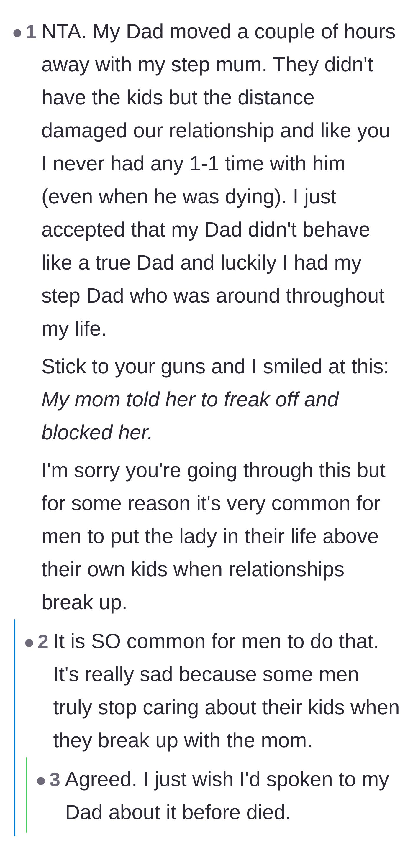 Comment thread 6 - Shared personal experiences about fathers abandoning their biological children for new partners.
