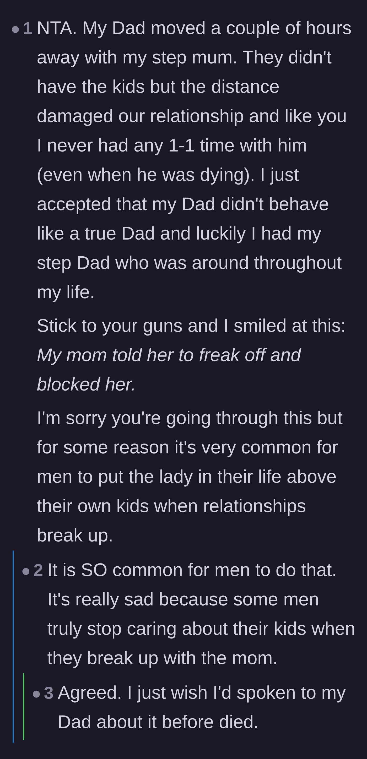 Comment thread 6 - Shared personal experiences about fathers abandoning their biological children for new partners.