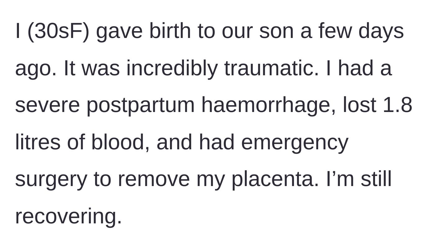 Story part 1 - A mother recounts her deeply traumatic birth, involving a massive hemorrhage and emergency surgery.