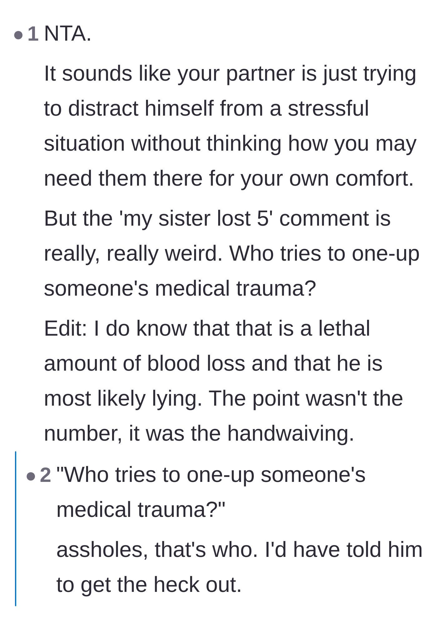 Comment thread 3 - A deep dive into the cruelty of the husband trying to one-up his wife's life-threatening blood loss with a fabricated story.