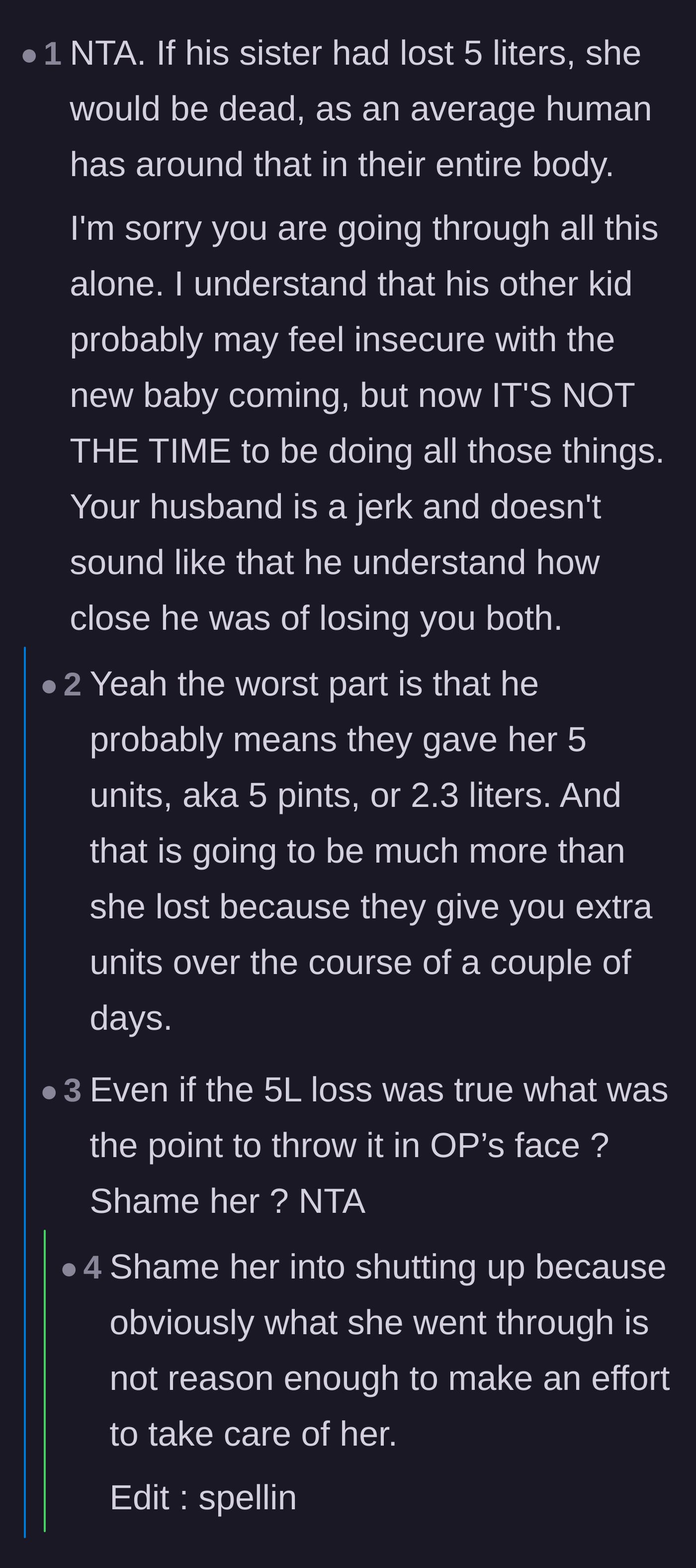 Comment thread 4 - Readers debunking the medical impossibility of the husband's claim about his sister's blood loss, calling out his intention to shame the mother.