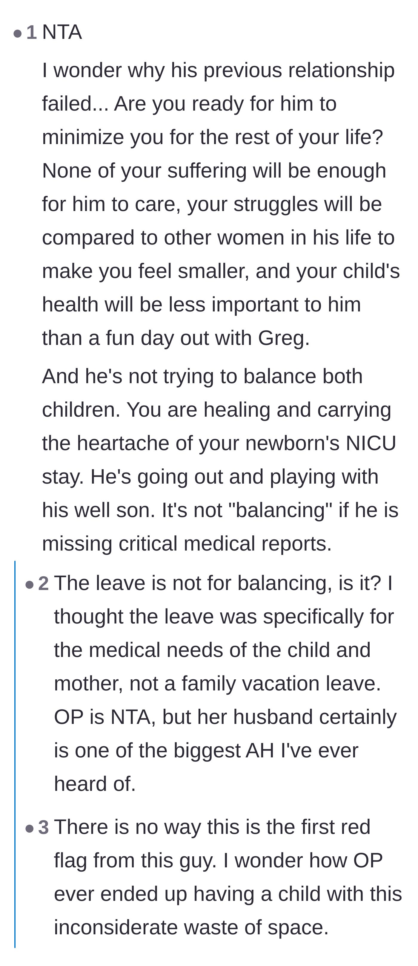 Comment thread 6 - Warnings about the husband's lack of care predicting a bleak future, and clarification on the true purpose of paternity leave.