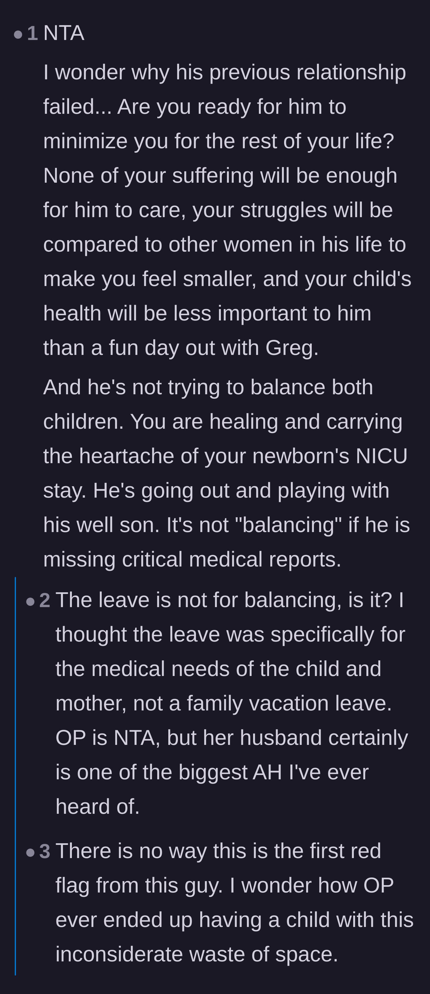 Comment thread 6 - Warnings about the husband's lack of care predicting a bleak future, and clarification on the true purpose of paternity leave.