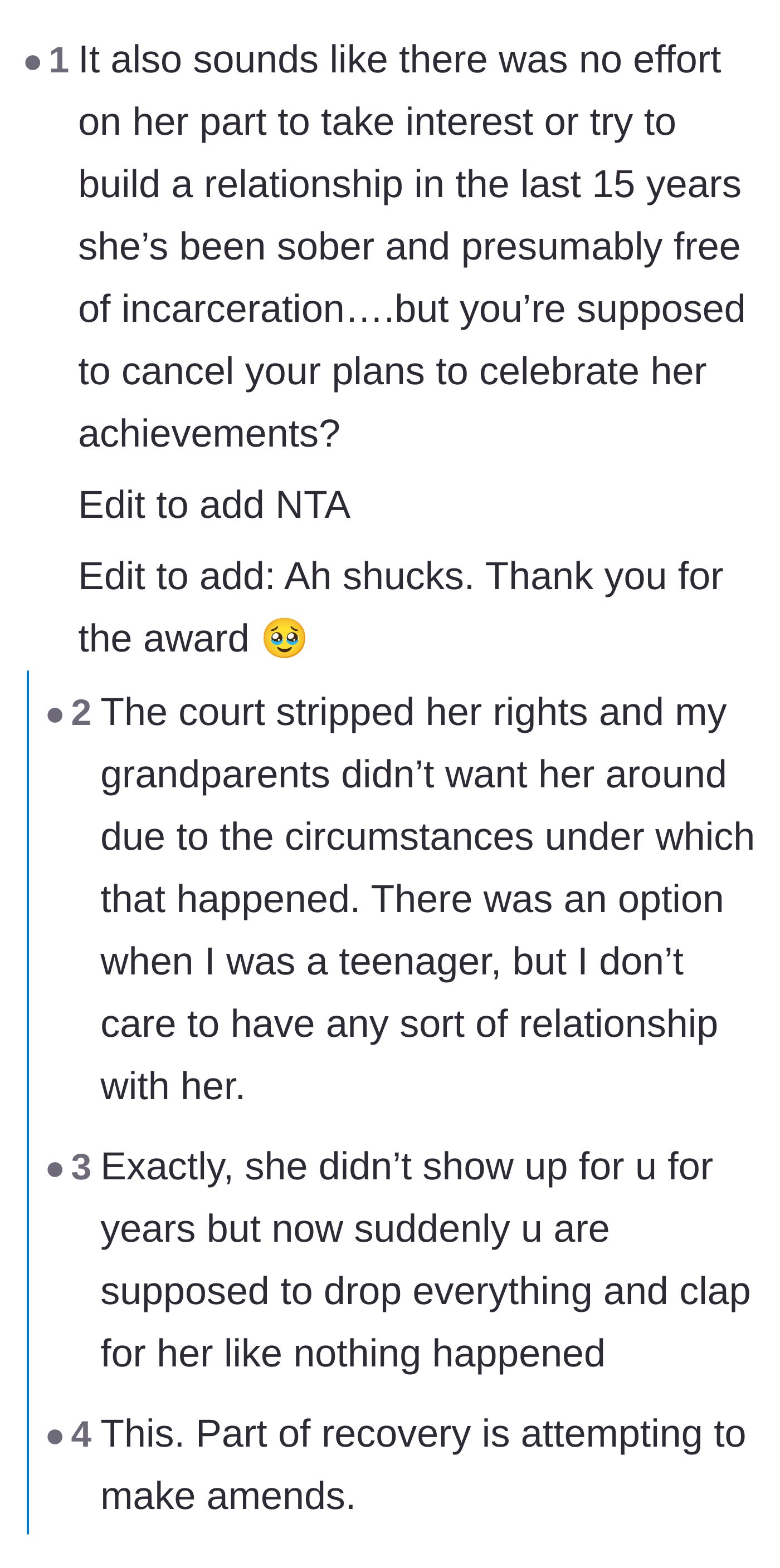 Comment thread 1 - Readers validating the son's boundaries and praising his decision to prioritize his own well-being over the party.