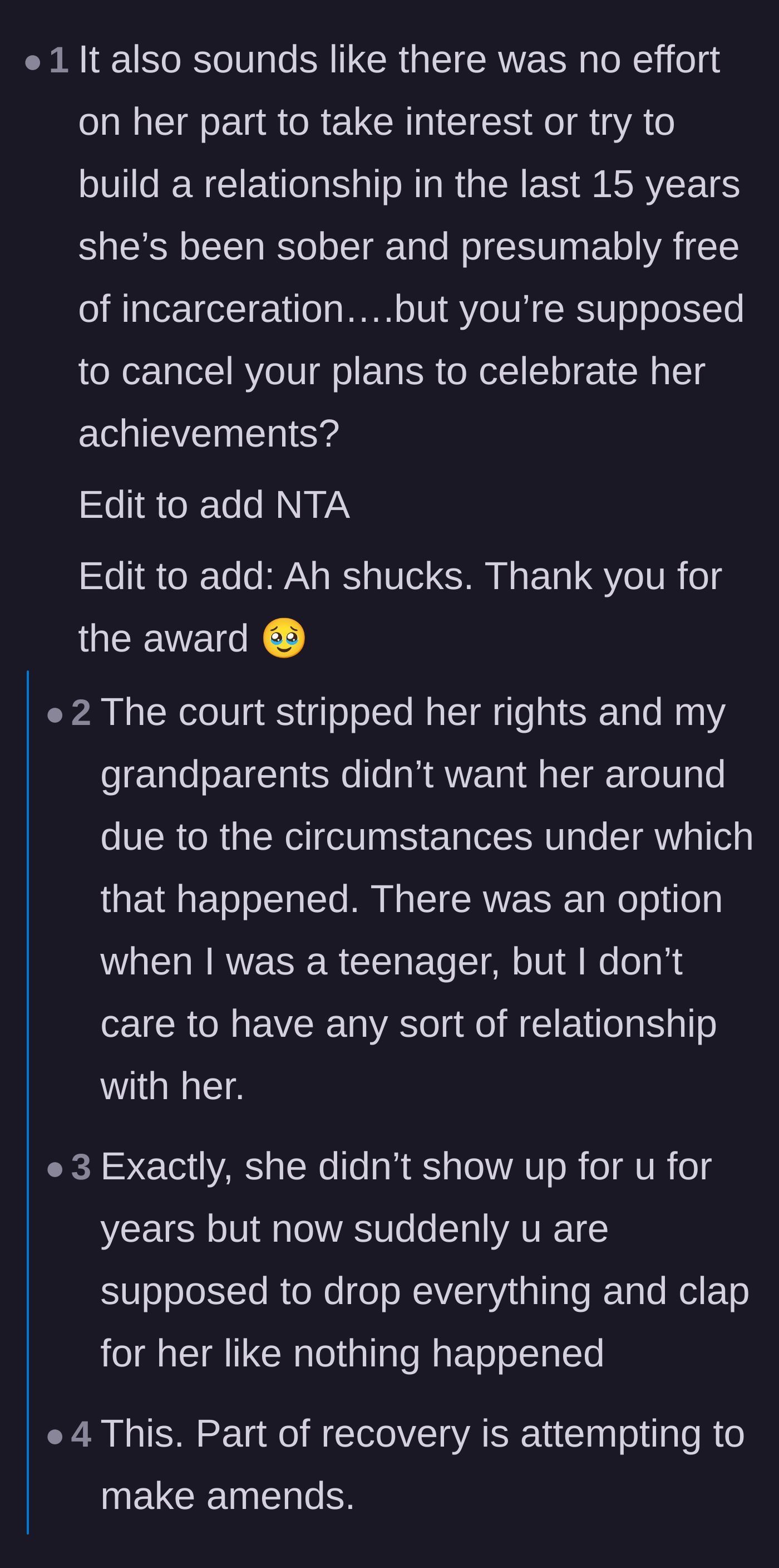 Comment thread 1 - Readers validating the son's boundaries and praising his decision to prioritize his own well-being over the party.
