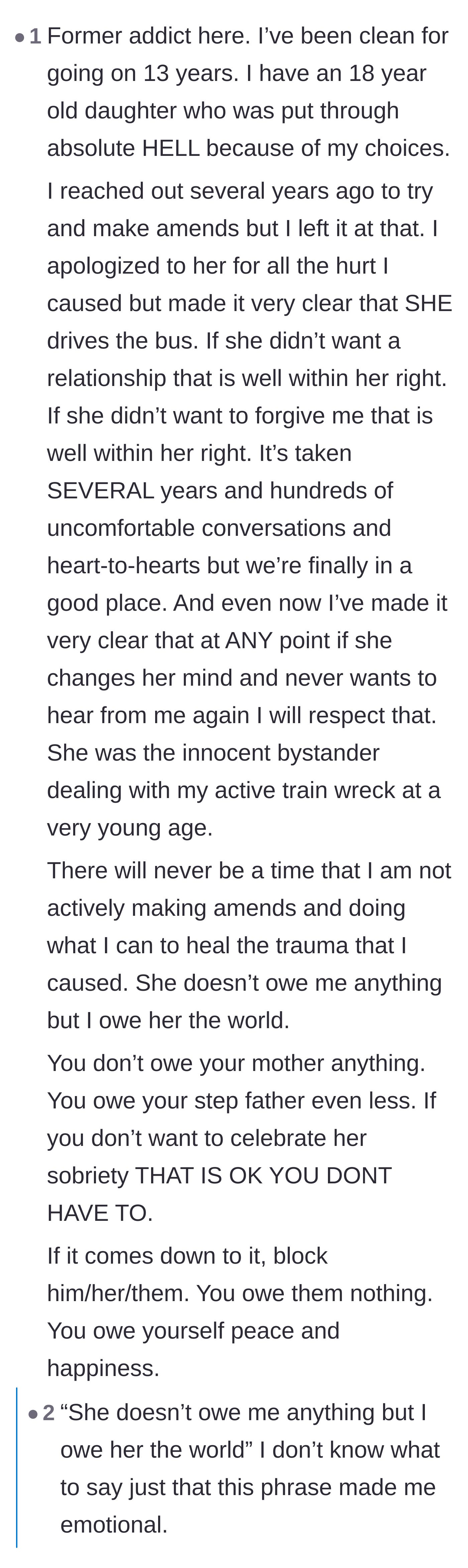 Comment thread 2 - A former addict sharing how true amends mean respecting the child's boundaries without demanding forgiveness.