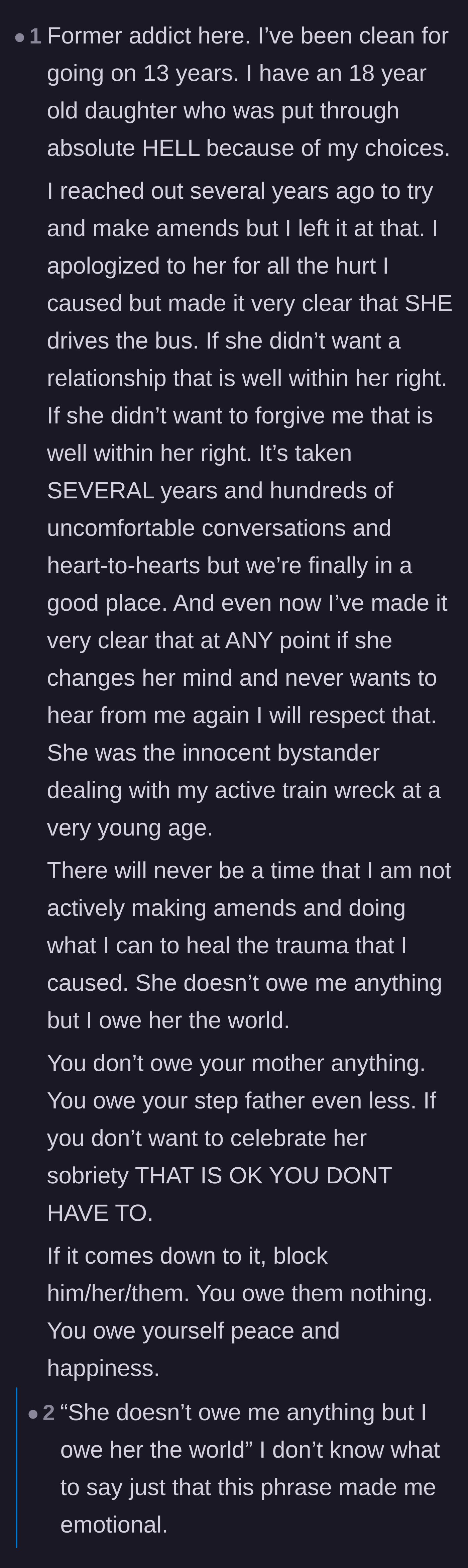 Comment thread 2 - A former addict sharing how true amends mean respecting the child's boundaries without demanding forgiveness.