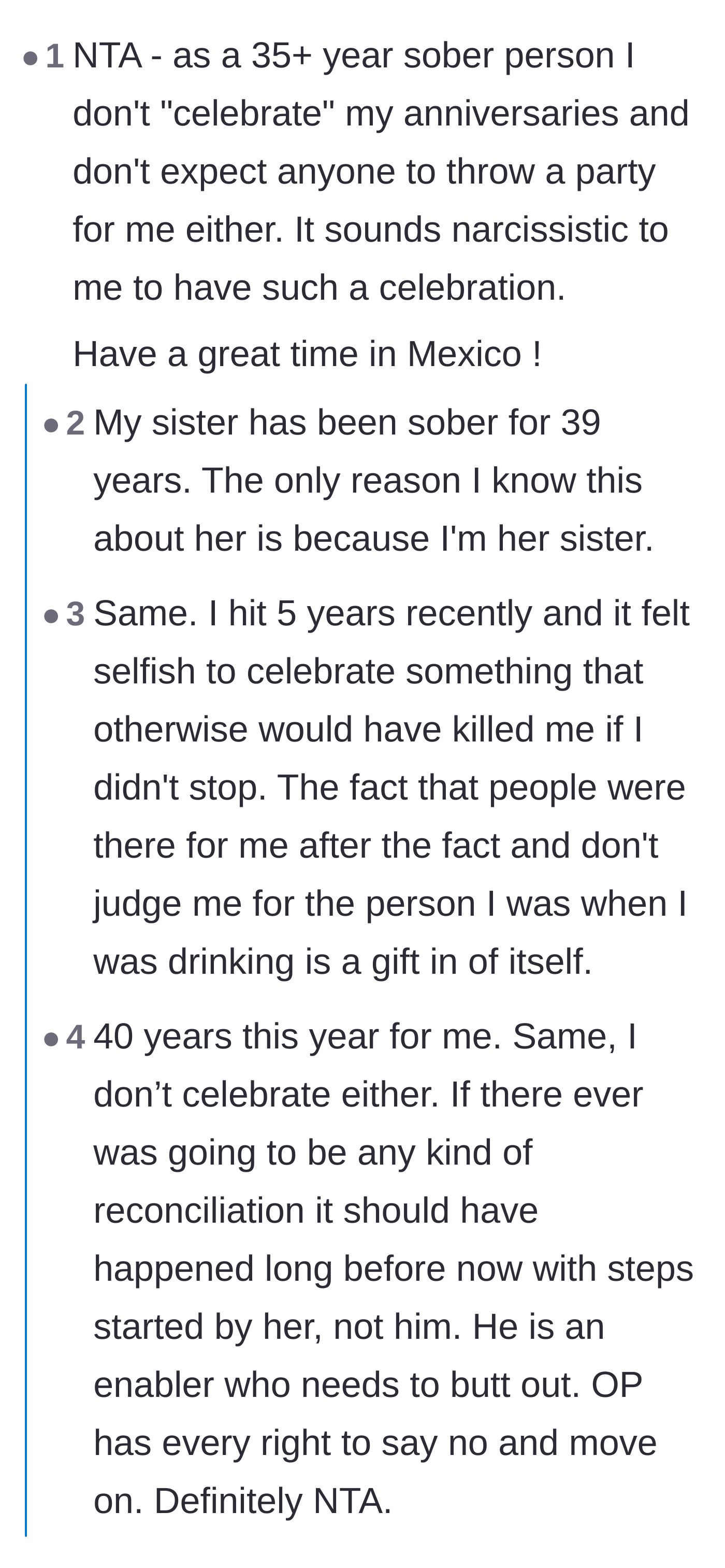 Comment thread 3 - Long-term sober individuals criticizing the lavish party as self-centered and validating the son's refusal to attend.