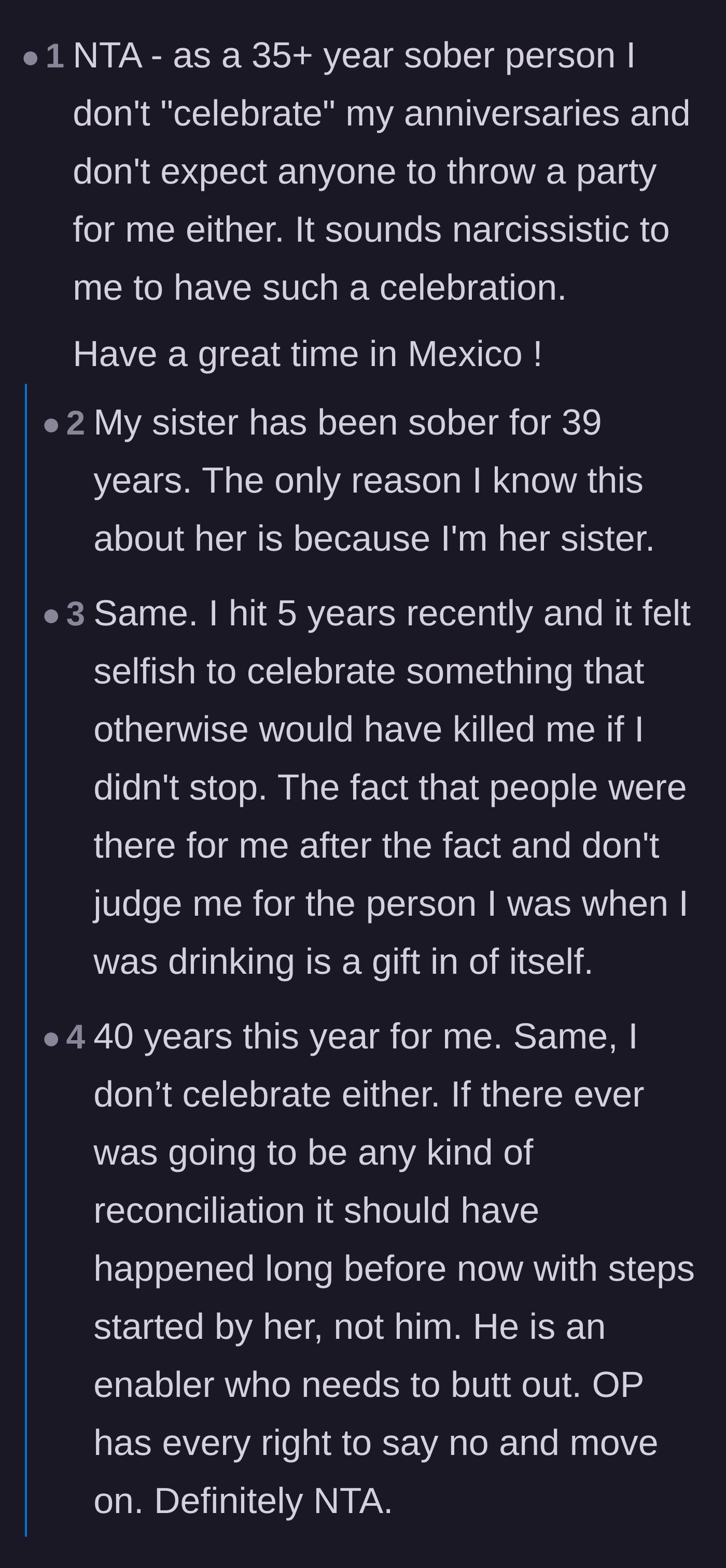 Comment thread 3 - Long-term sober individuals criticizing the lavish party as self-centered and validating the son's refusal to attend.