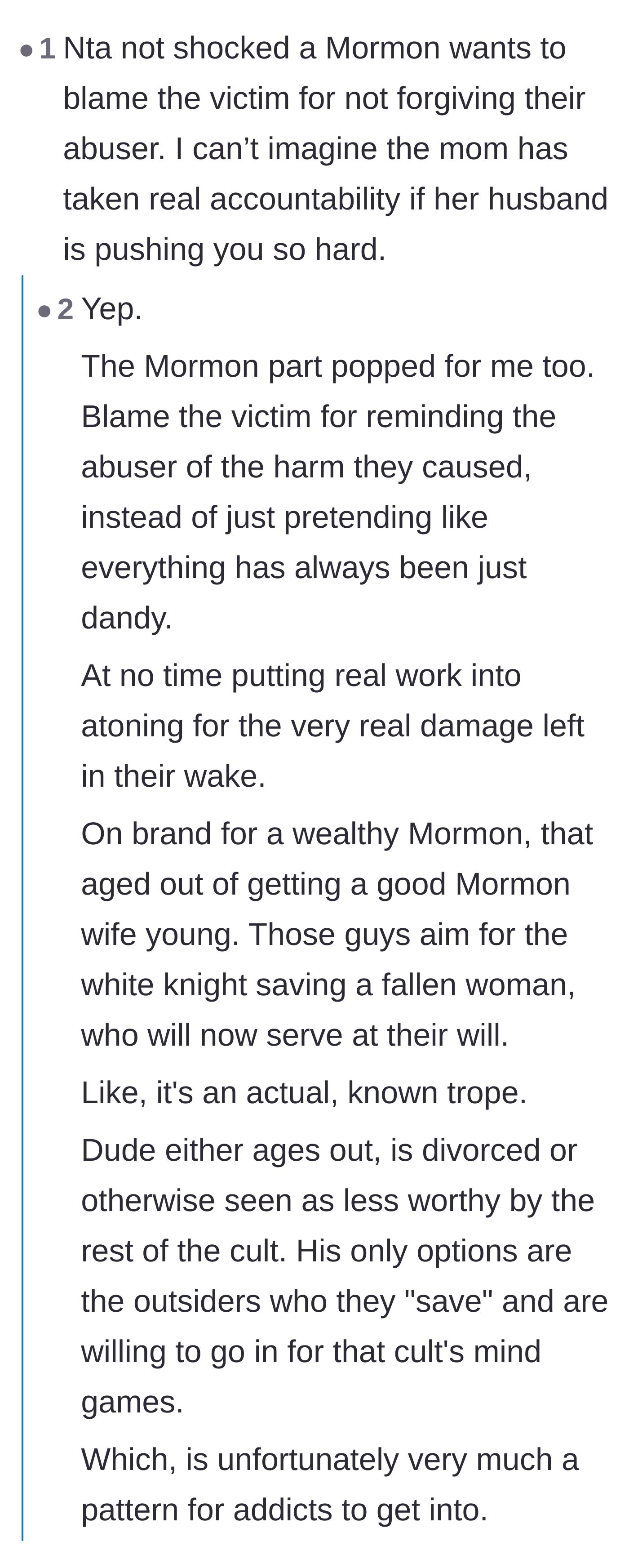 Comment thread 4 - A discussion on the stepdad's religious background and the toxic savior complex that often blames victims.