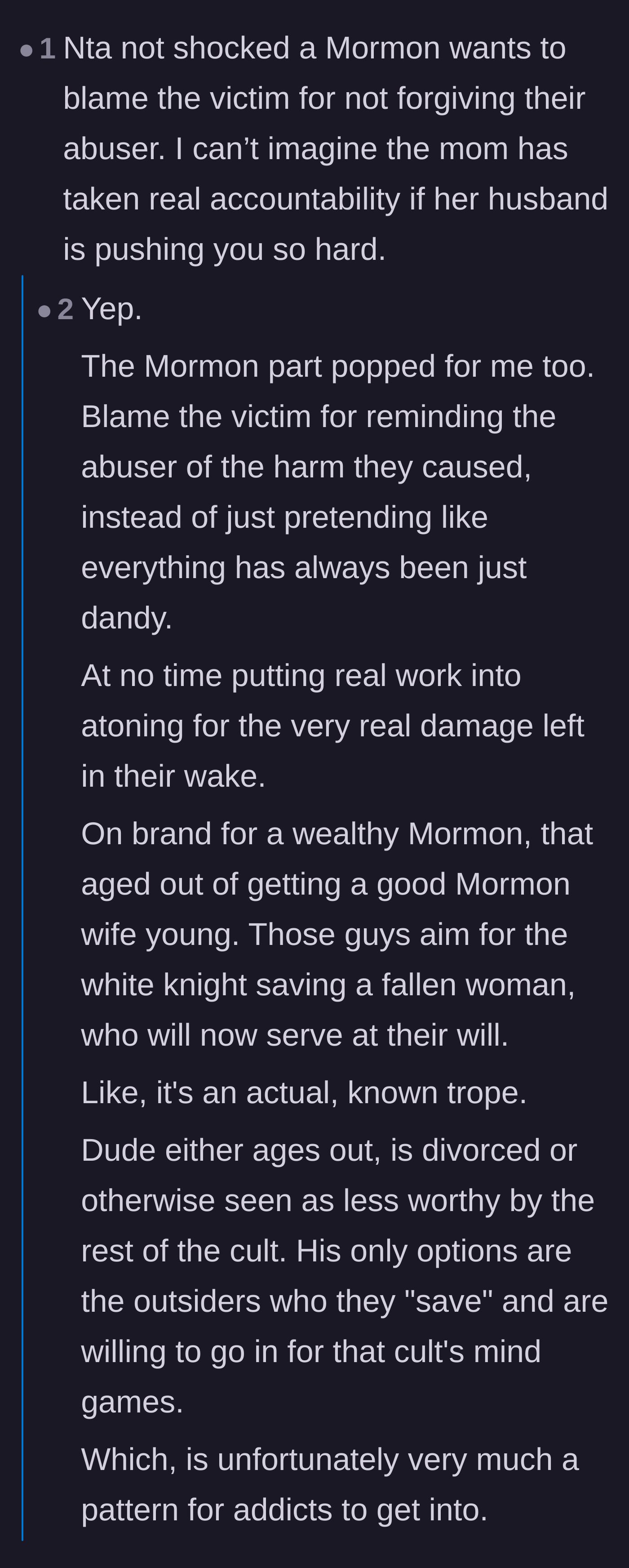 Comment thread 4 - A discussion on the stepdad's religious background and the toxic savior complex that often blames victims.