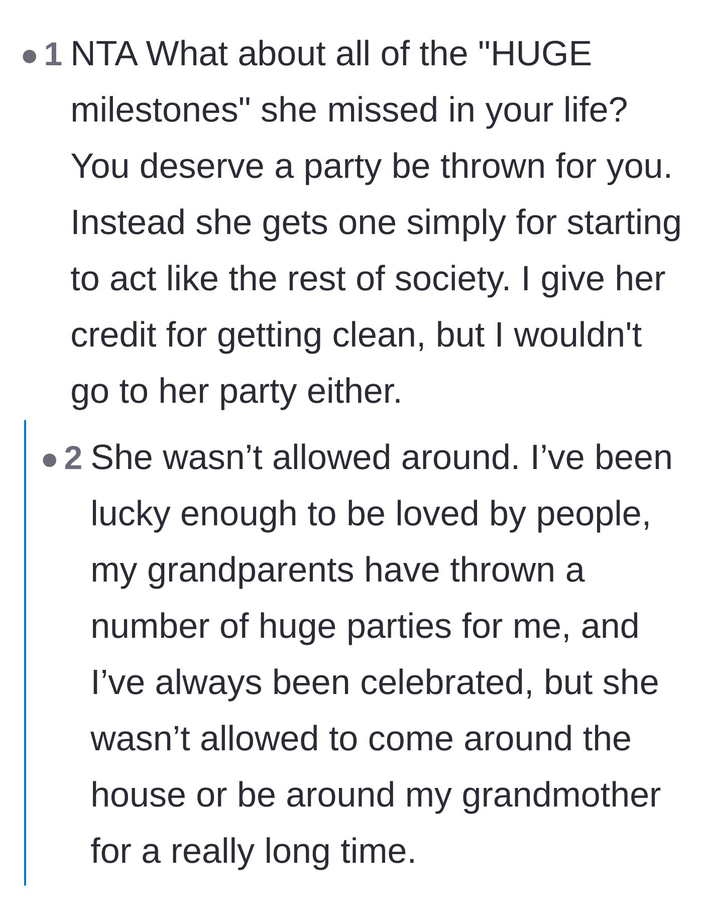 Comment thread 5 - Pointing out the hypocrisy of demanding the son celebrate his mother when she missed his entire childhood.