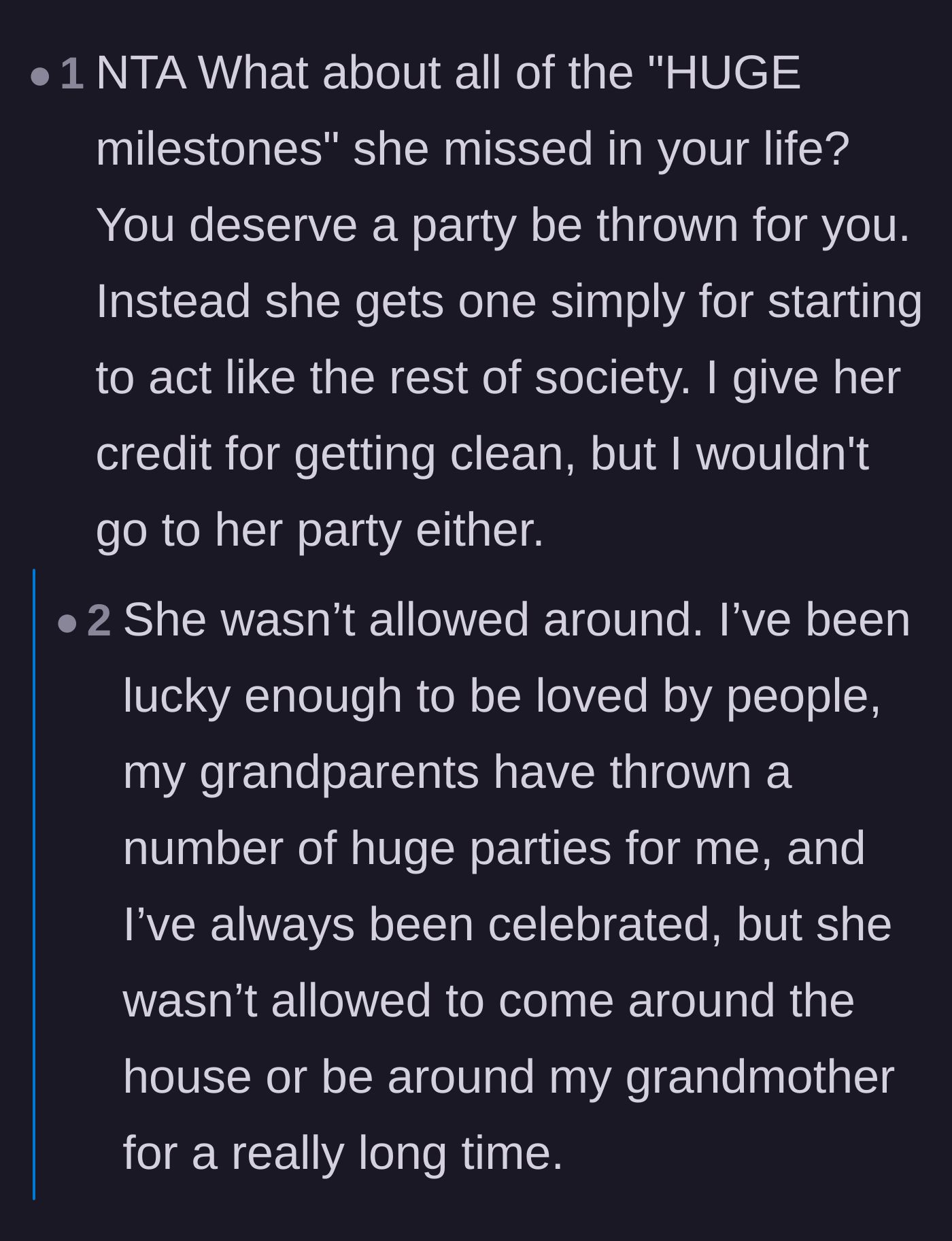Comment thread 5 - Pointing out the hypocrisy of demanding the son celebrate his mother when she missed his entire childhood.