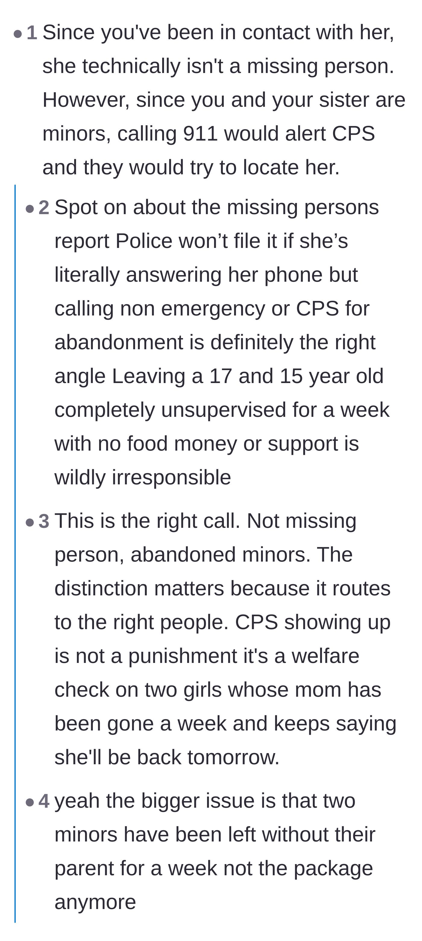 Comment thread 1 - Advice clarifying the legal difference between a missing person and abandoned minors.