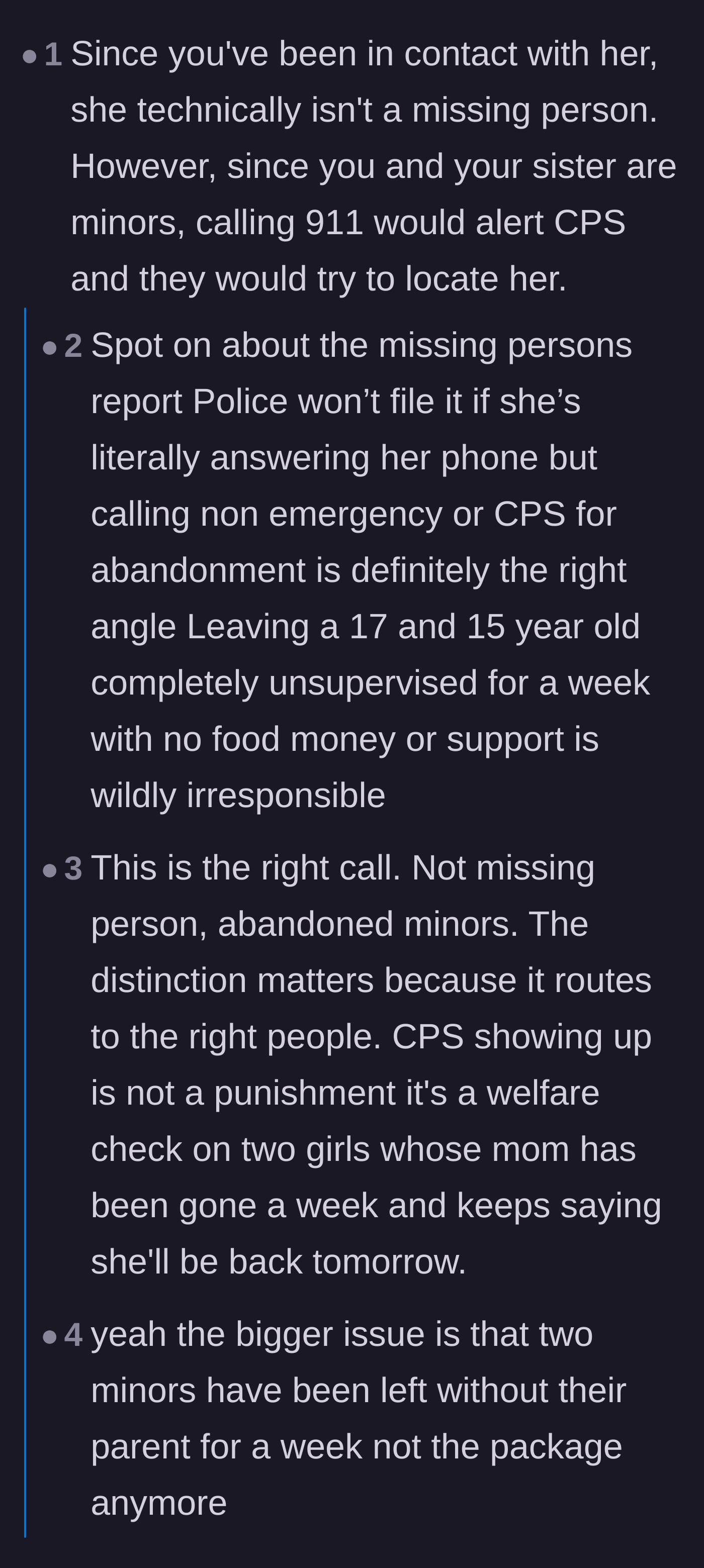 Comment thread 1 - Advice clarifying the legal difference between a missing person and abandoned minors.