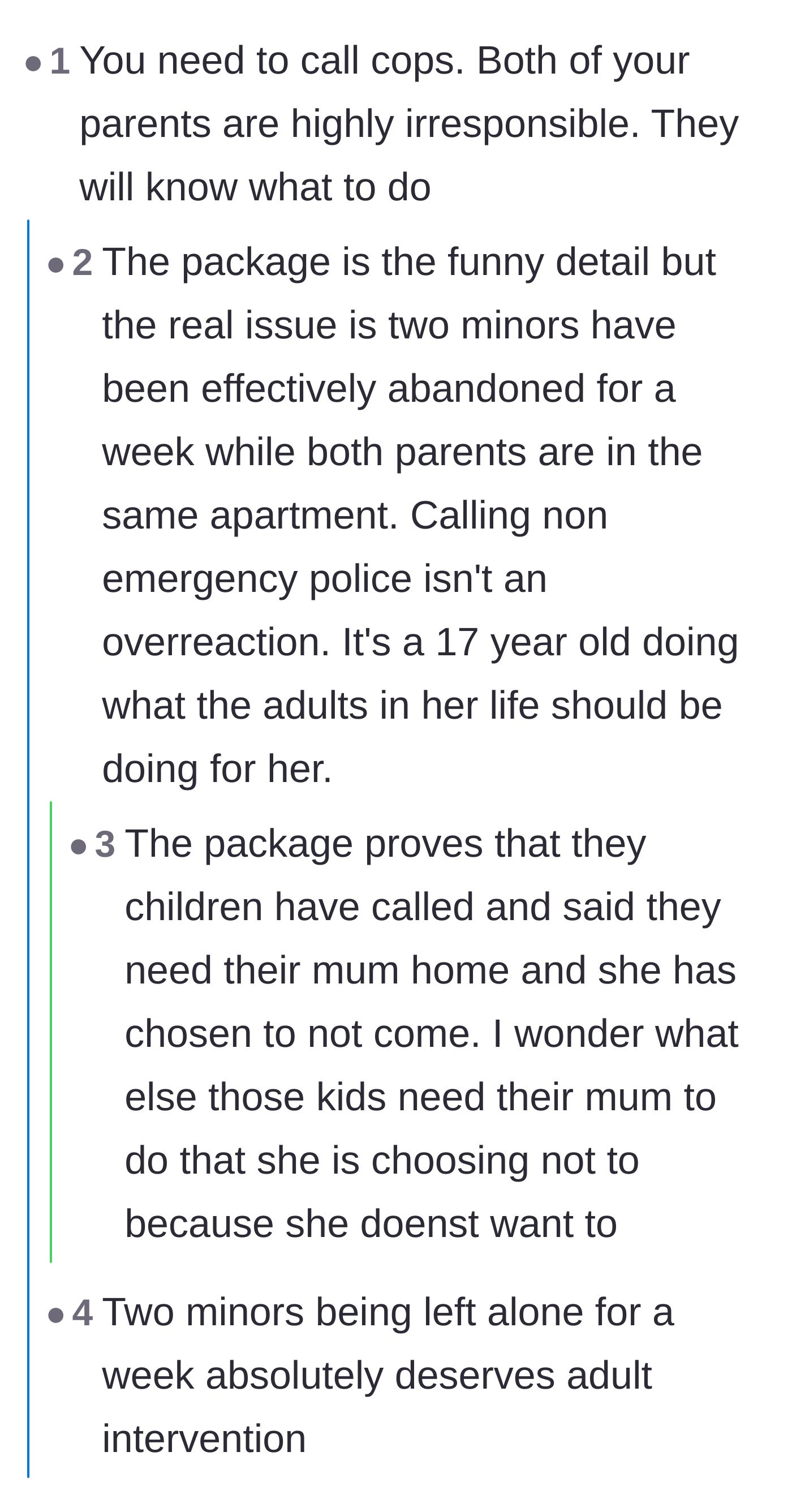 Comment thread 2 - Discussion calling out the severe irresponsibility of both parents leaving their children alone.