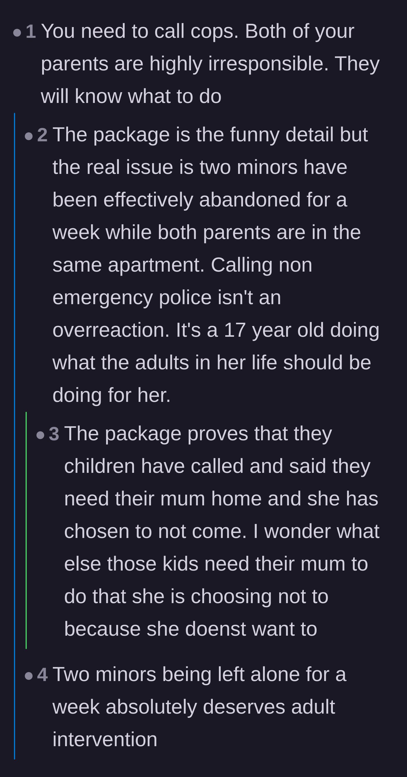 Comment thread 2 - Discussion calling out the severe irresponsibility of both parents leaving their children alone.