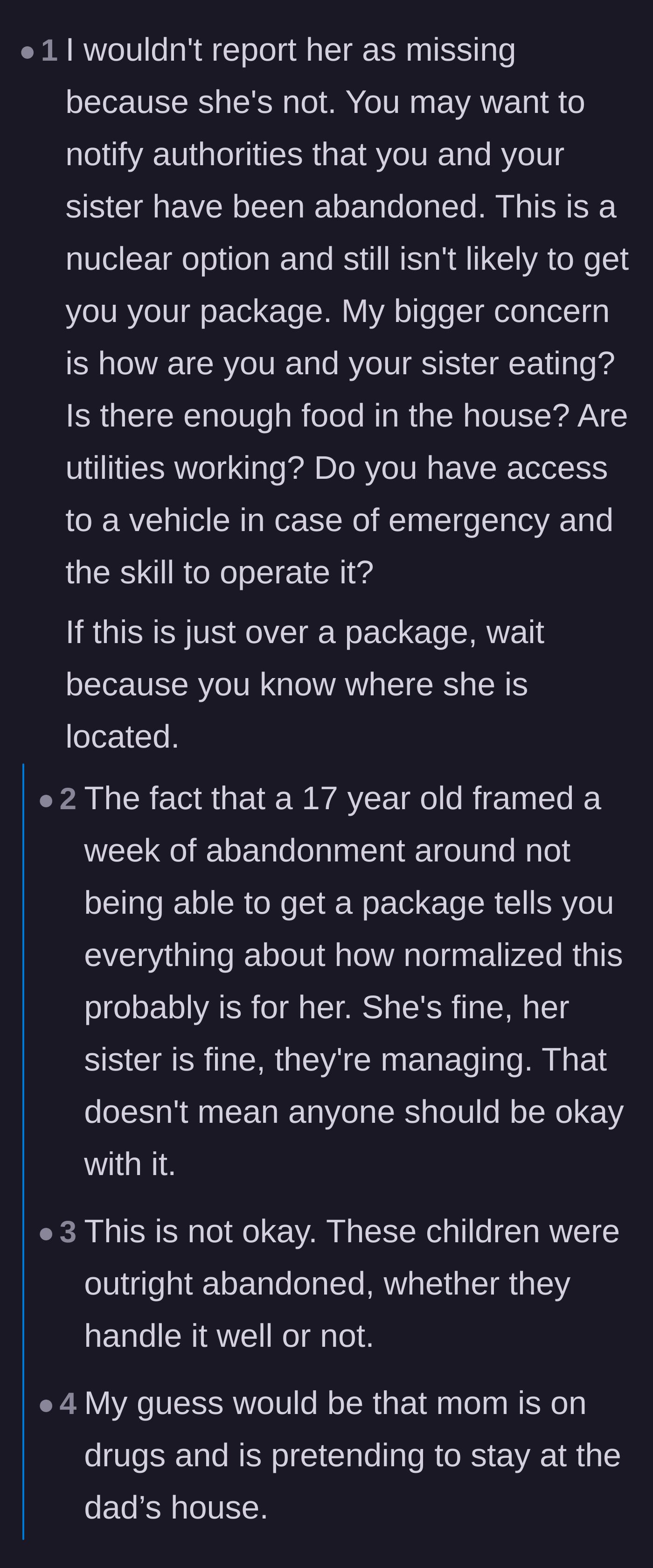 Comment thread 3 - Comments analyzing how the teenager focusing on a package highlights how normalized her neglect has become.