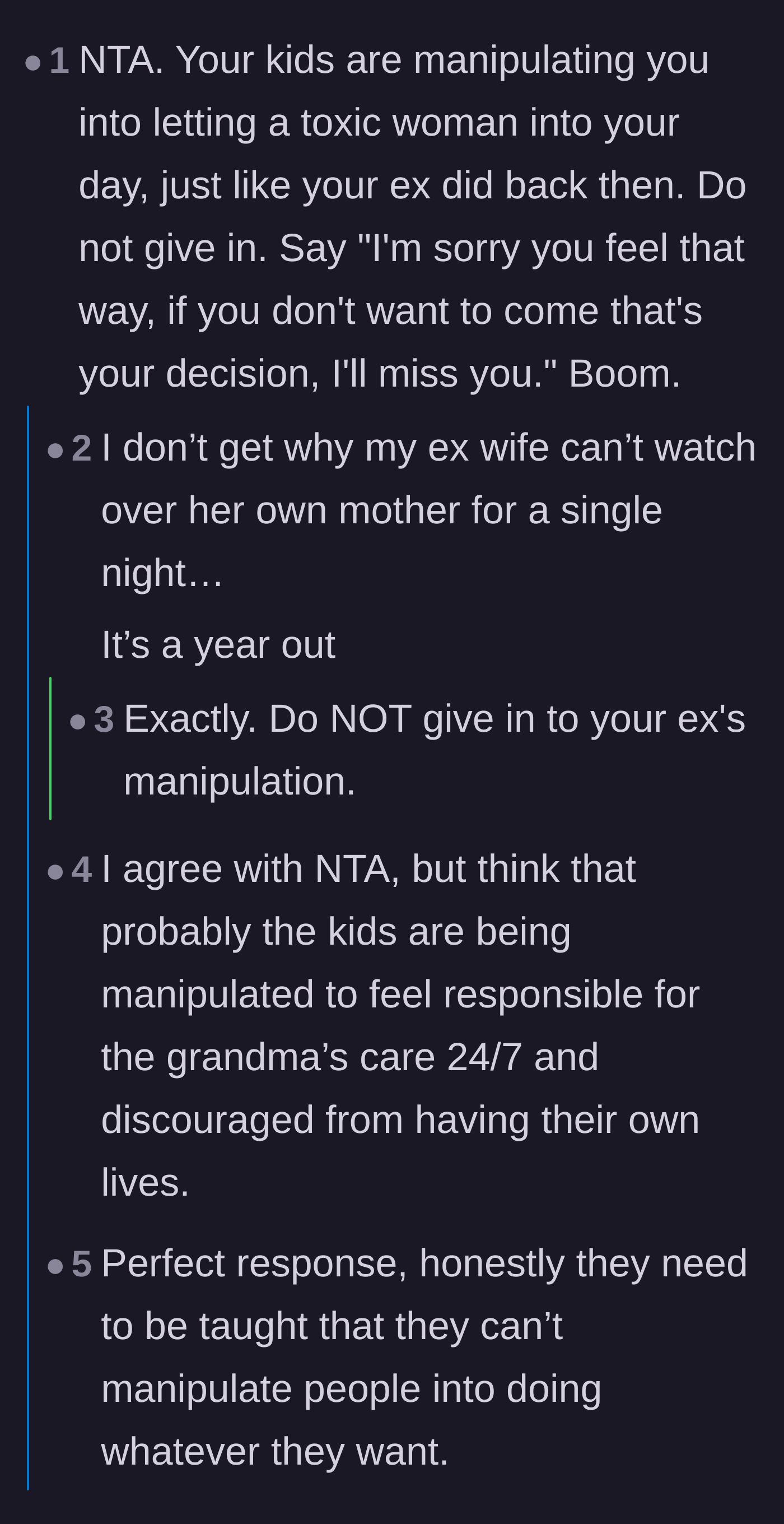 Comment thread 1 - Readers debating whether the adult children are brainwashed by their mother or if the dad is hiding his own faults.