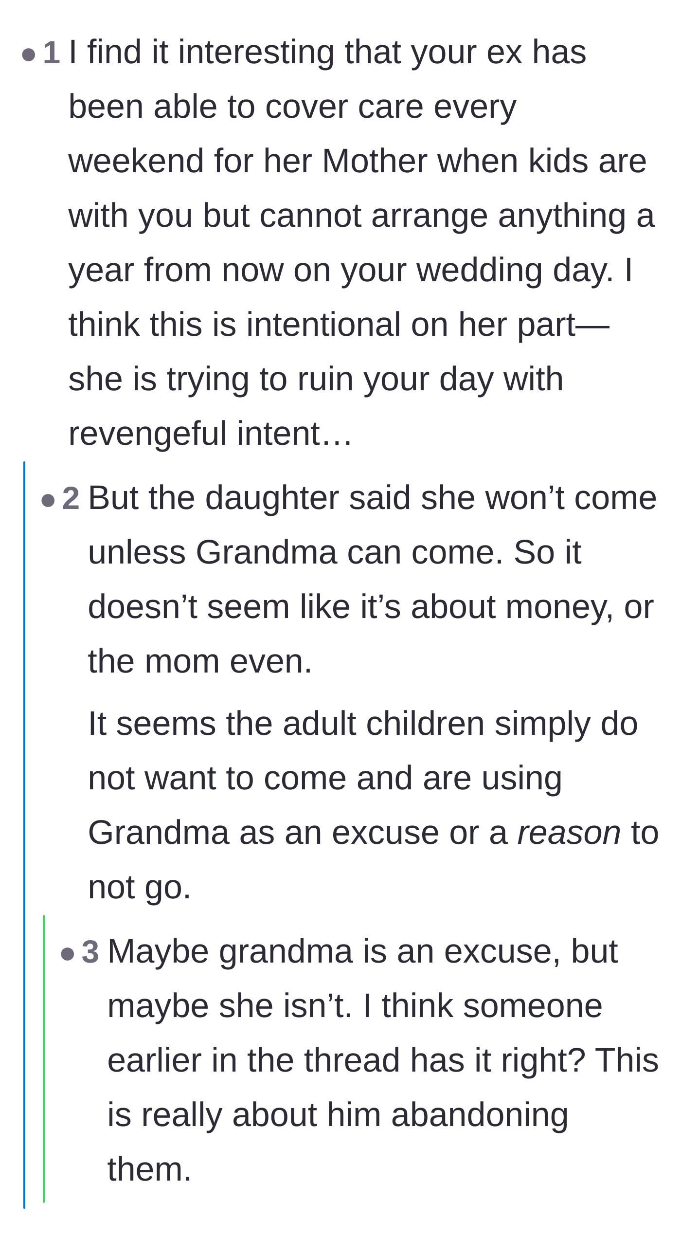 Comment thread 3 - Commenters arguing over whether the ex-wife is intentionally sabotaging the wedding or if the kids genuinely resent their father.