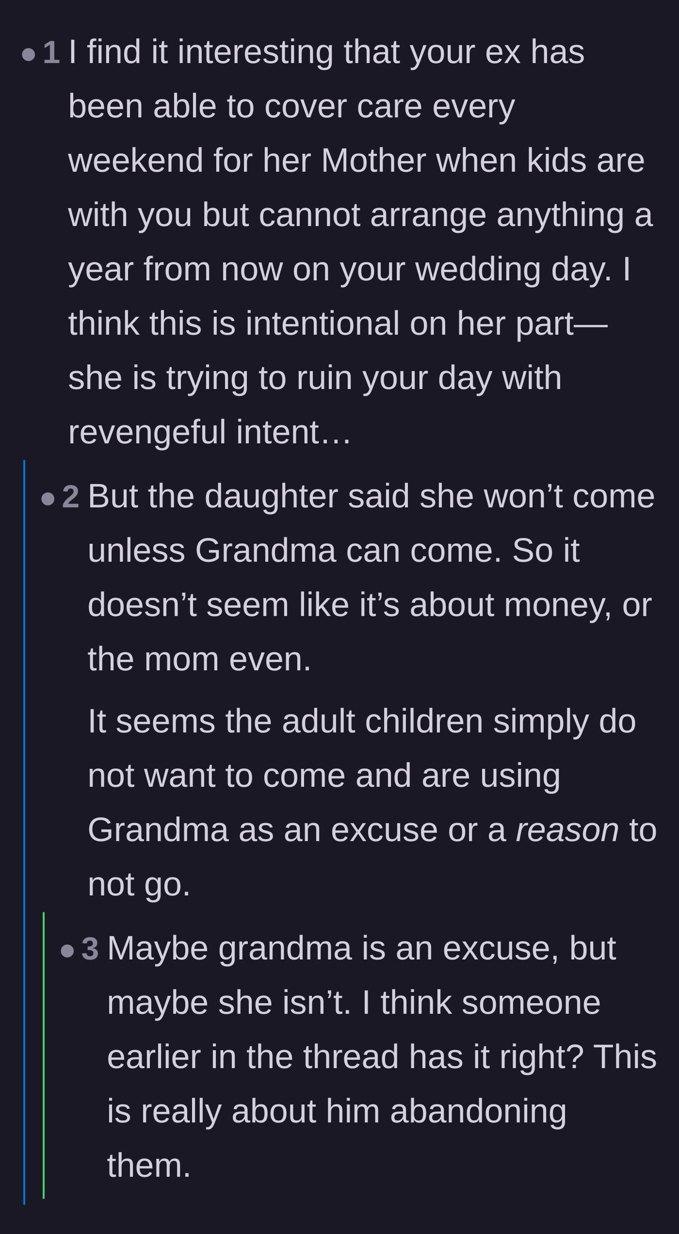 Comment thread 3 - Commenters arguing over whether the ex-wife is intentionally sabotaging the wedding or if the kids genuinely resent their father.