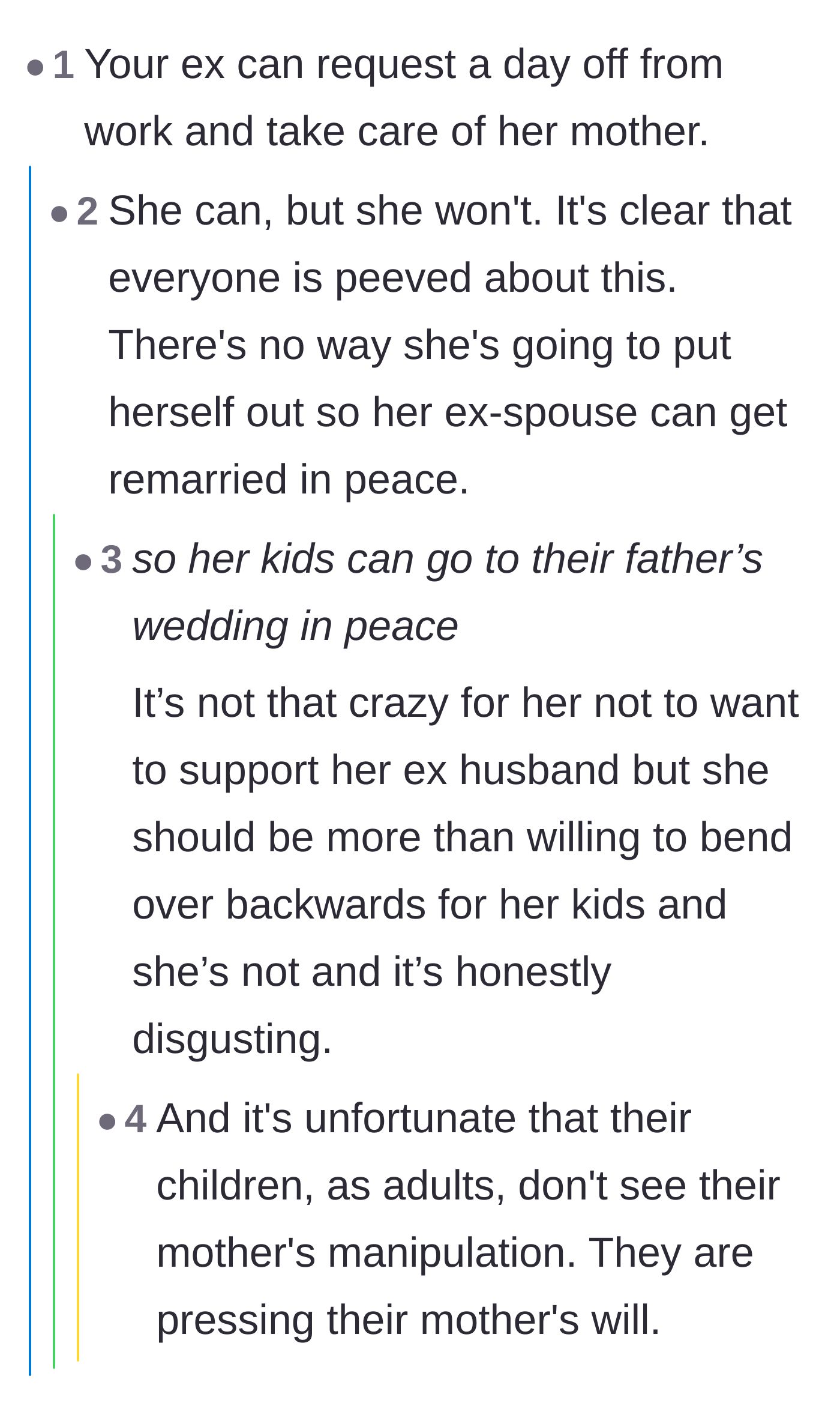Comment thread 5 - A brief thread condemning the ex-wife for refusing to take one day off to support her children's attendance at the wedding.