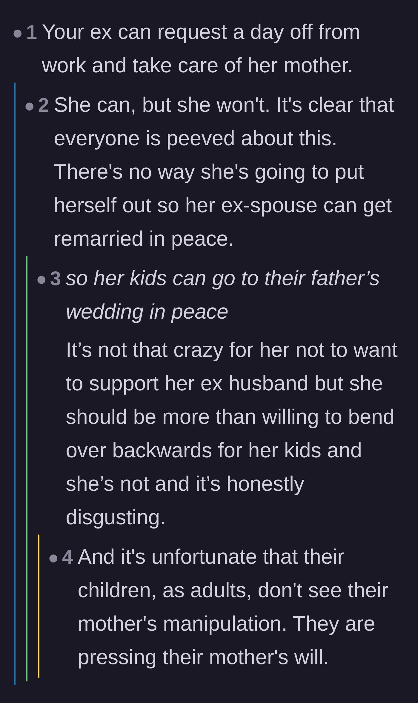 Comment thread 5 - A brief thread condemning the ex-wife for refusing to take one day off to support her children's attendance at the wedding.