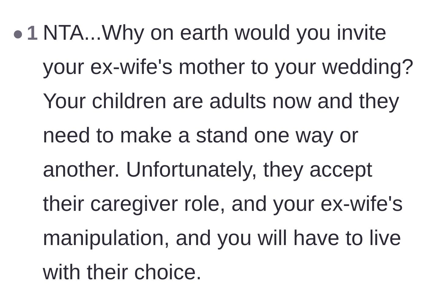 Comment thread 6 - A commenter summarizing that the dad must accept his adult children's choices to remain in their toxic dynamic.