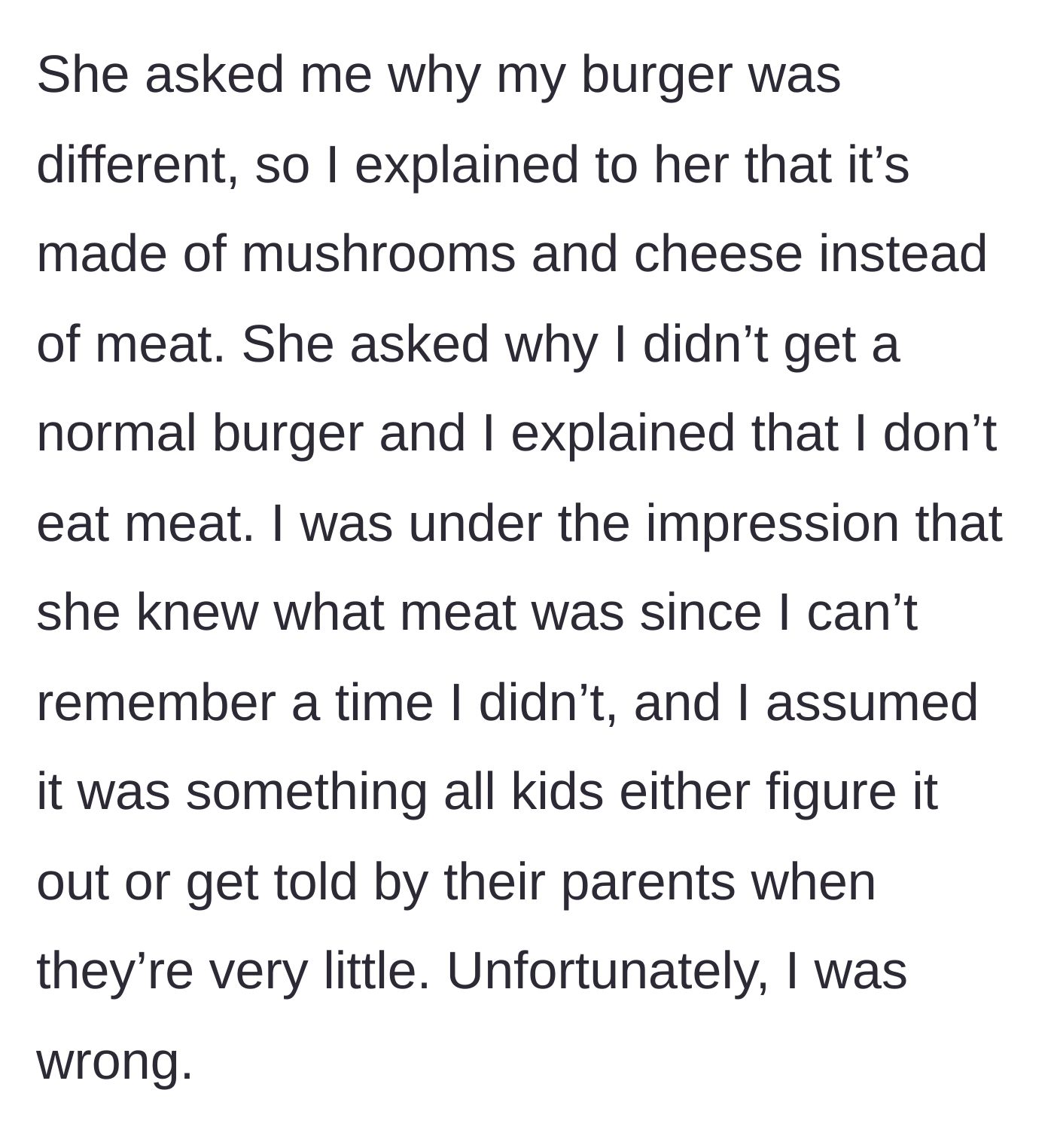 Story part 2 - A conversation where the narrator explains she doesn't eat meat.