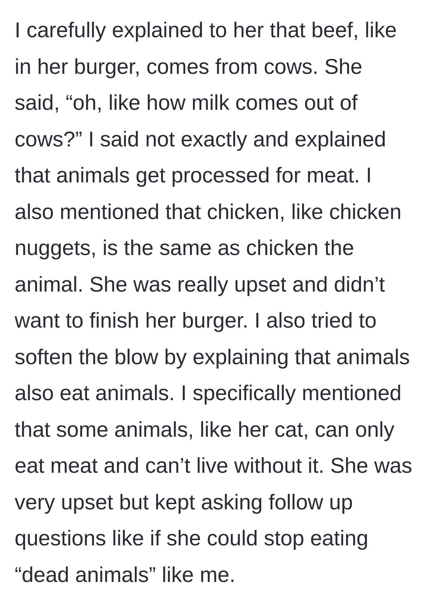 Story part 4 - Explaining where beef and chicken come from to an upset, inquisitive child.