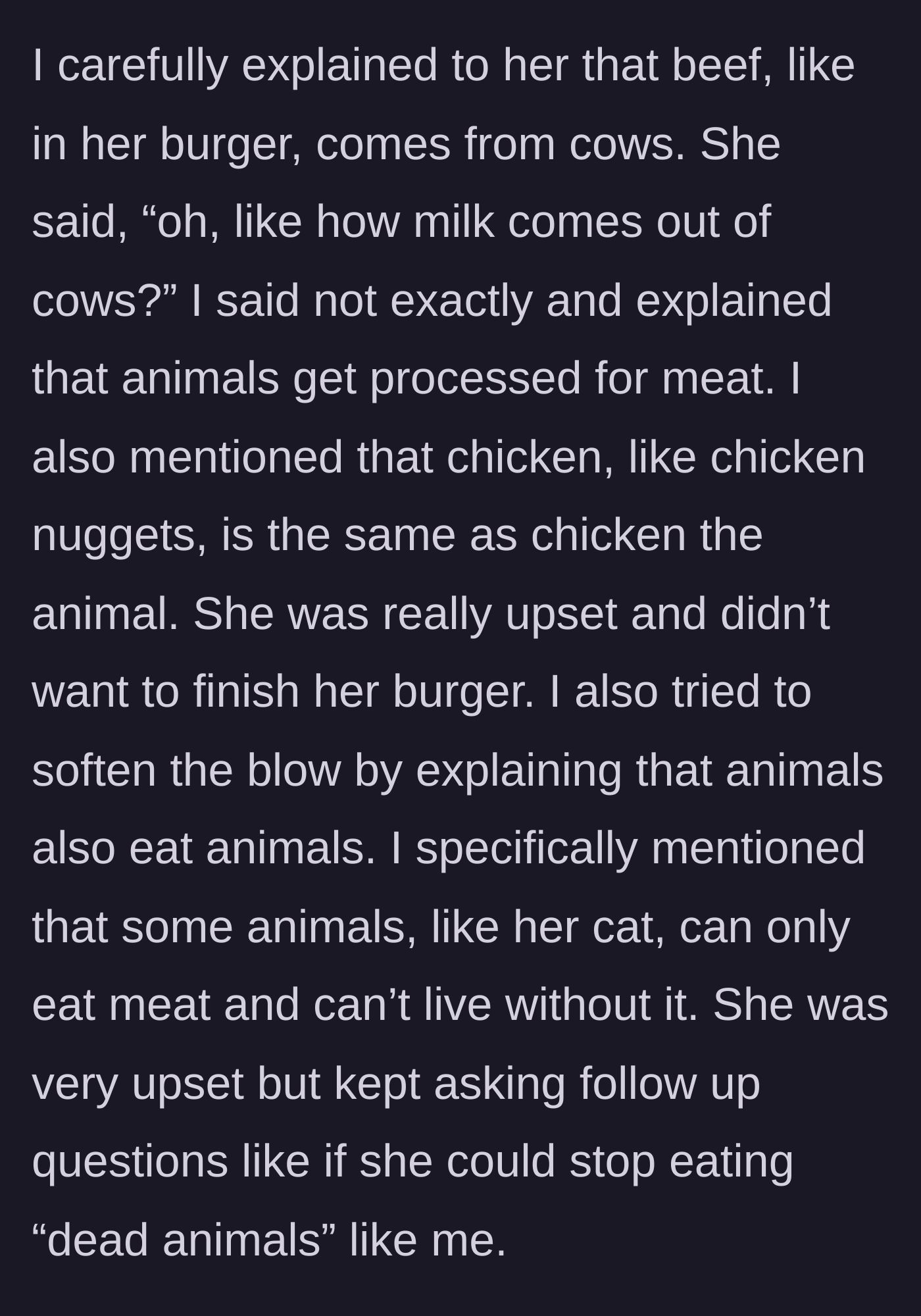 Story part 4 - Explaining where beef and chicken come from to an upset, inquisitive child.