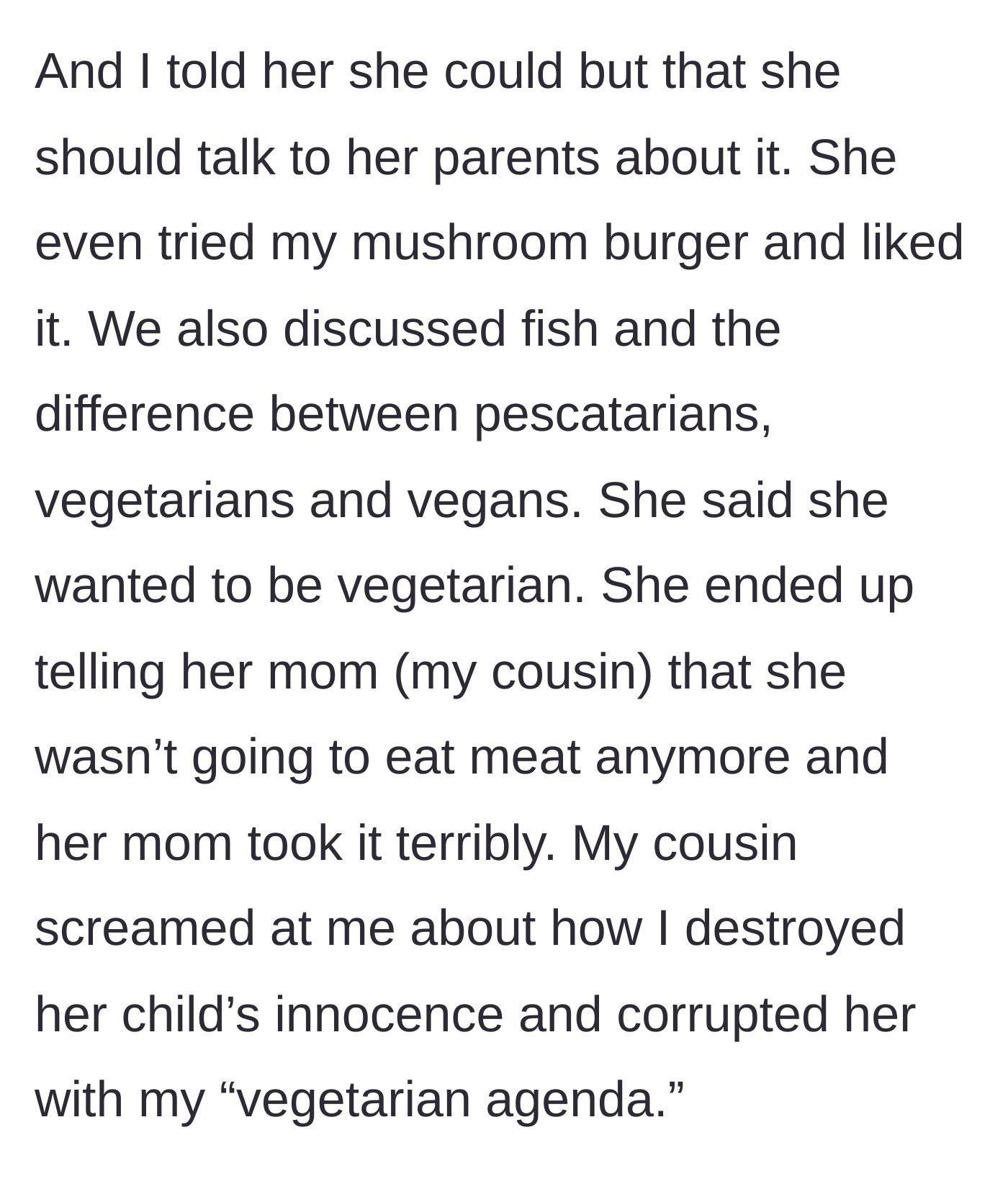 Story part 5 - The child declares she wants to be vegetarian, leading to the mother's explosive anger.