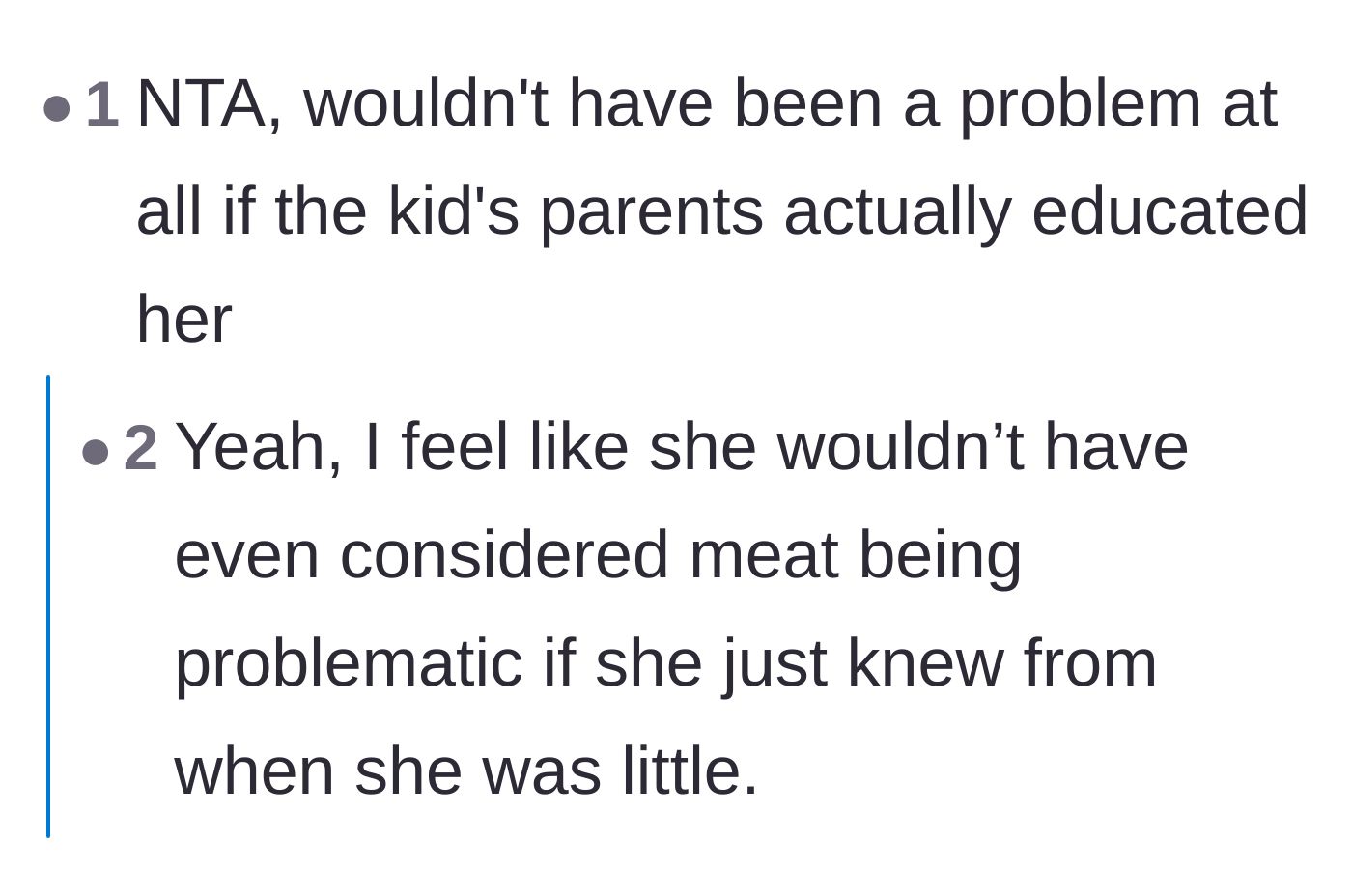 Comment thread 1 - A debate over parental responsibility and whether the term 'hurting' is too emotionally charged for a child.
