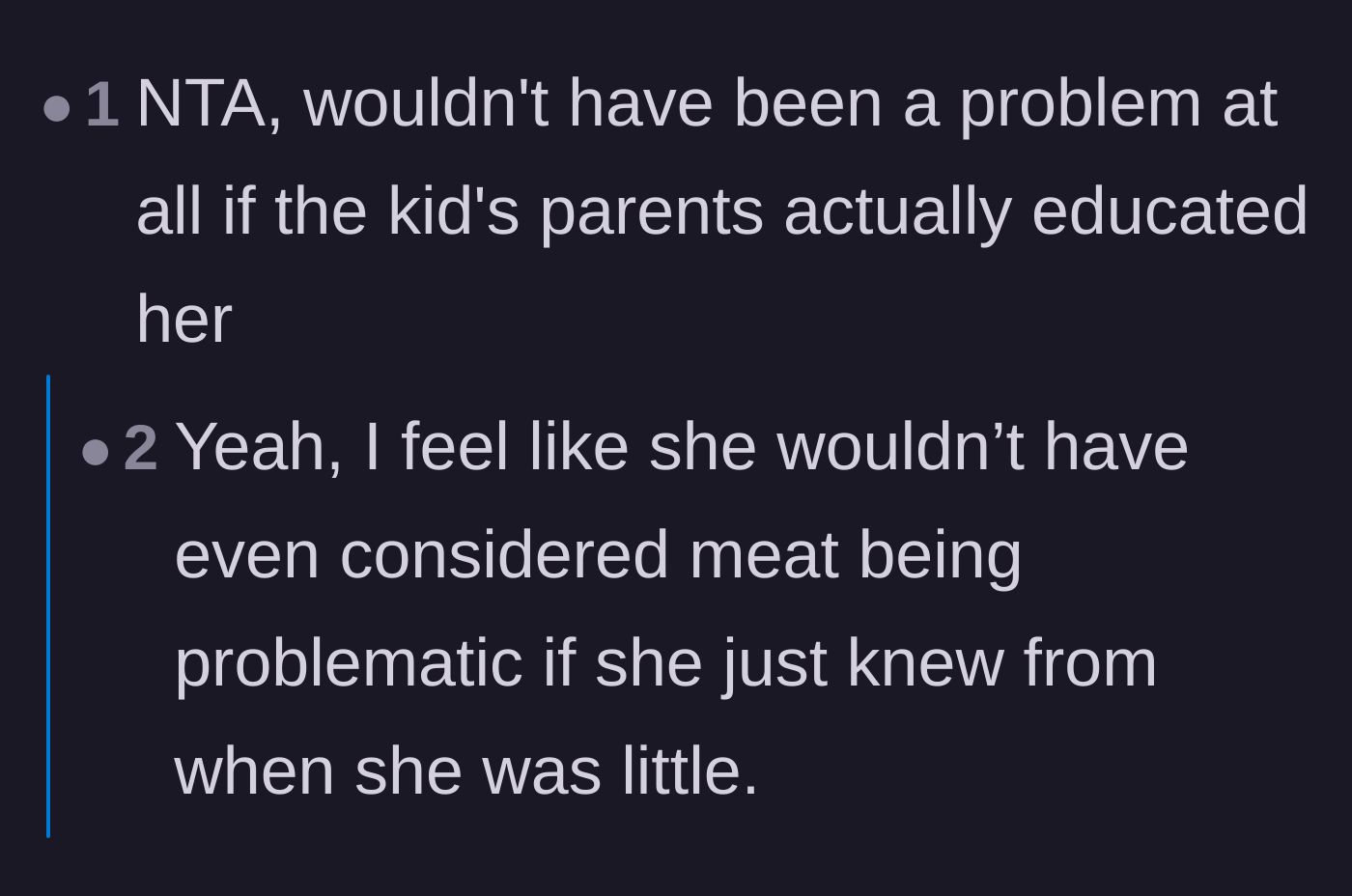 Comment thread 1 - A debate over parental responsibility and whether the term 'hurting' is too emotionally charged for a child.