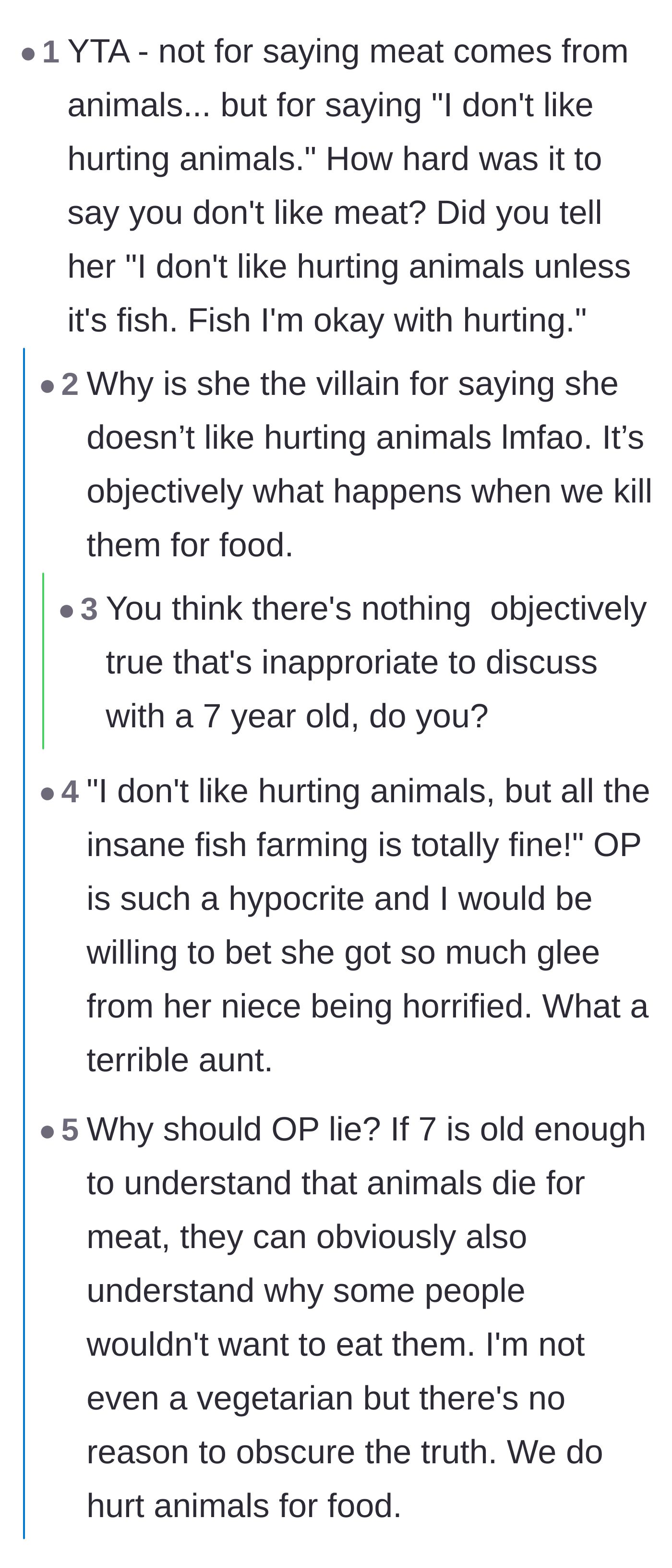 Comment thread 3 - A critical discussion accusing the narrator of using manipulative language by saying she doesn't like hurting animals.
