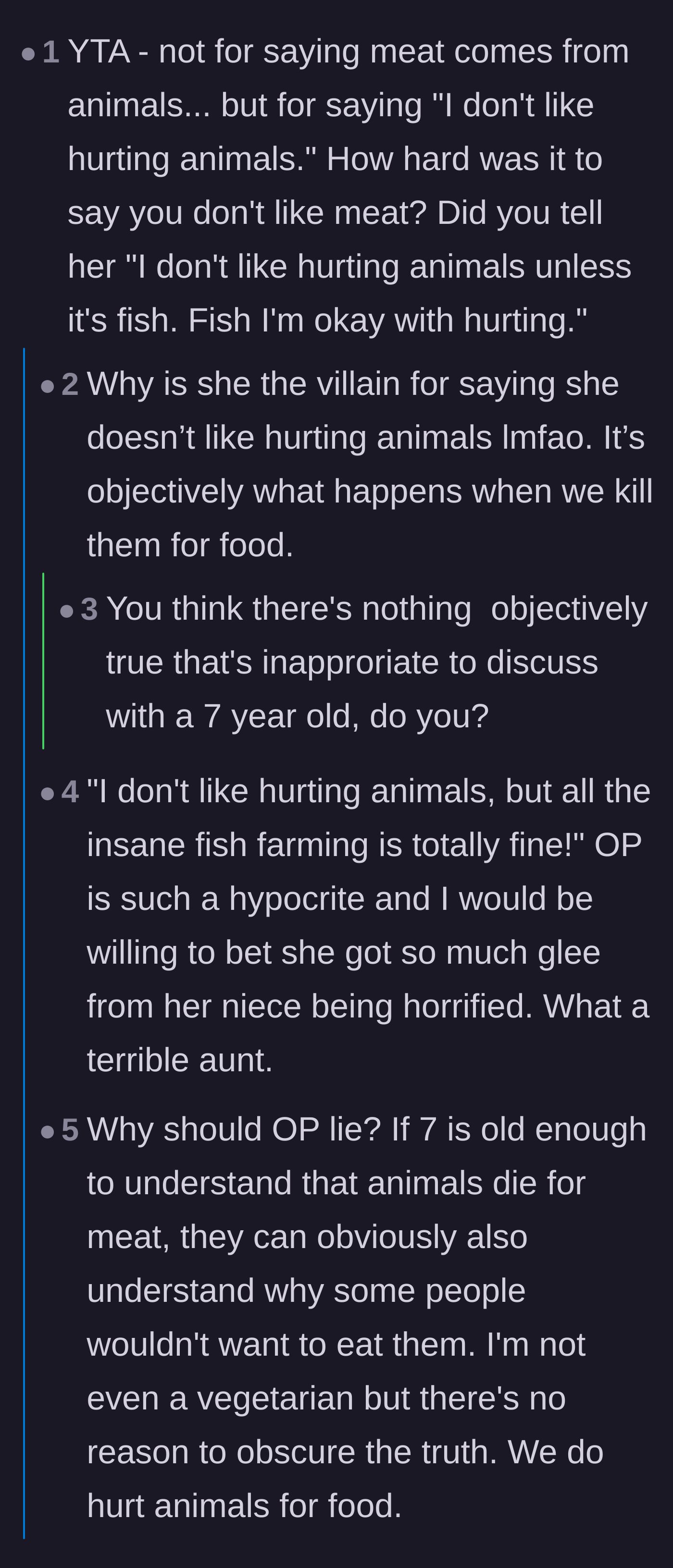 Comment thread 3 - A critical discussion accusing the narrator of using manipulative language by saying she doesn't like hurting animals.