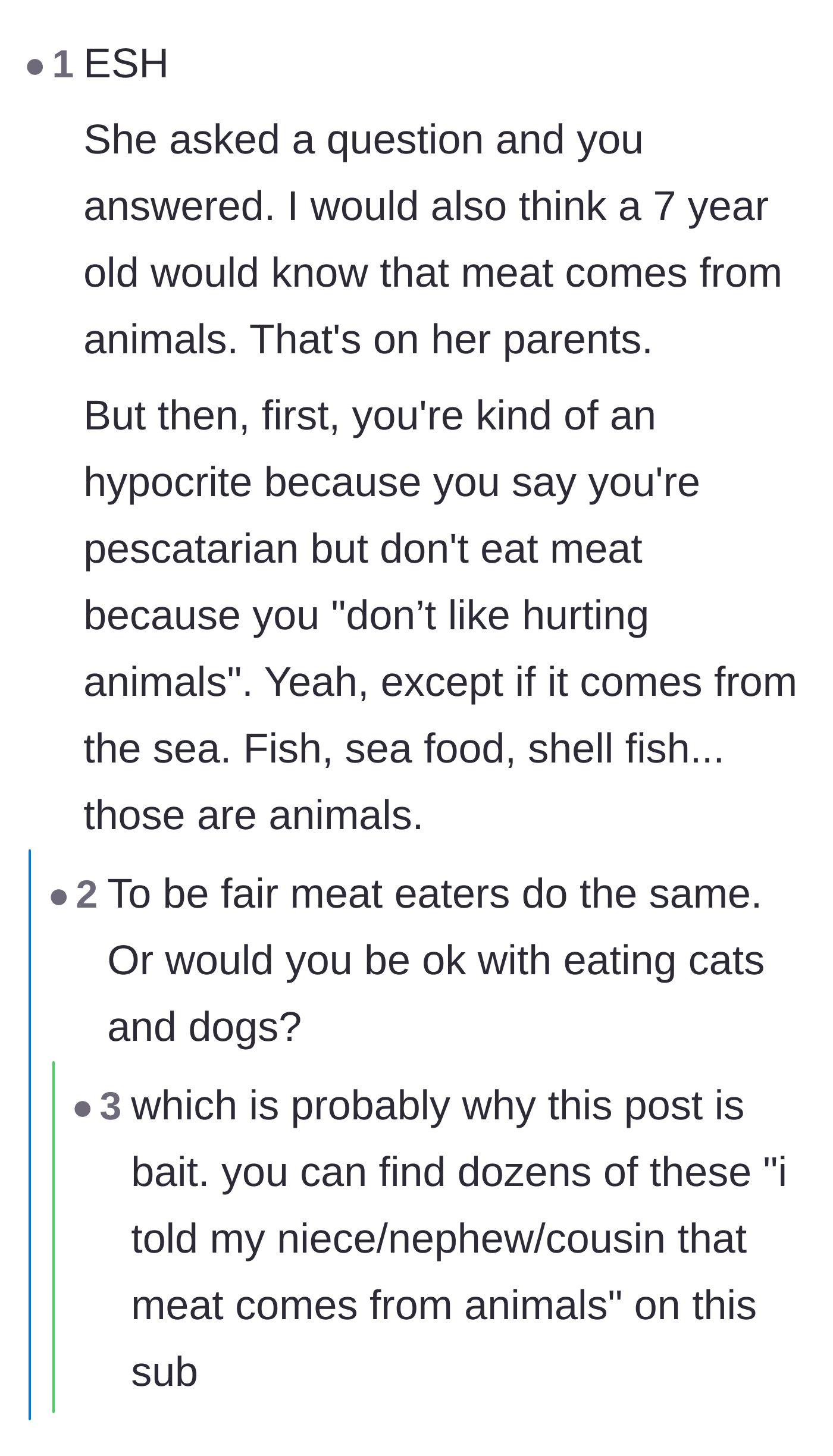Comment thread 4 - Readers calling out the biological hypocrisy of eating fish while claiming to avoid hurting animals.