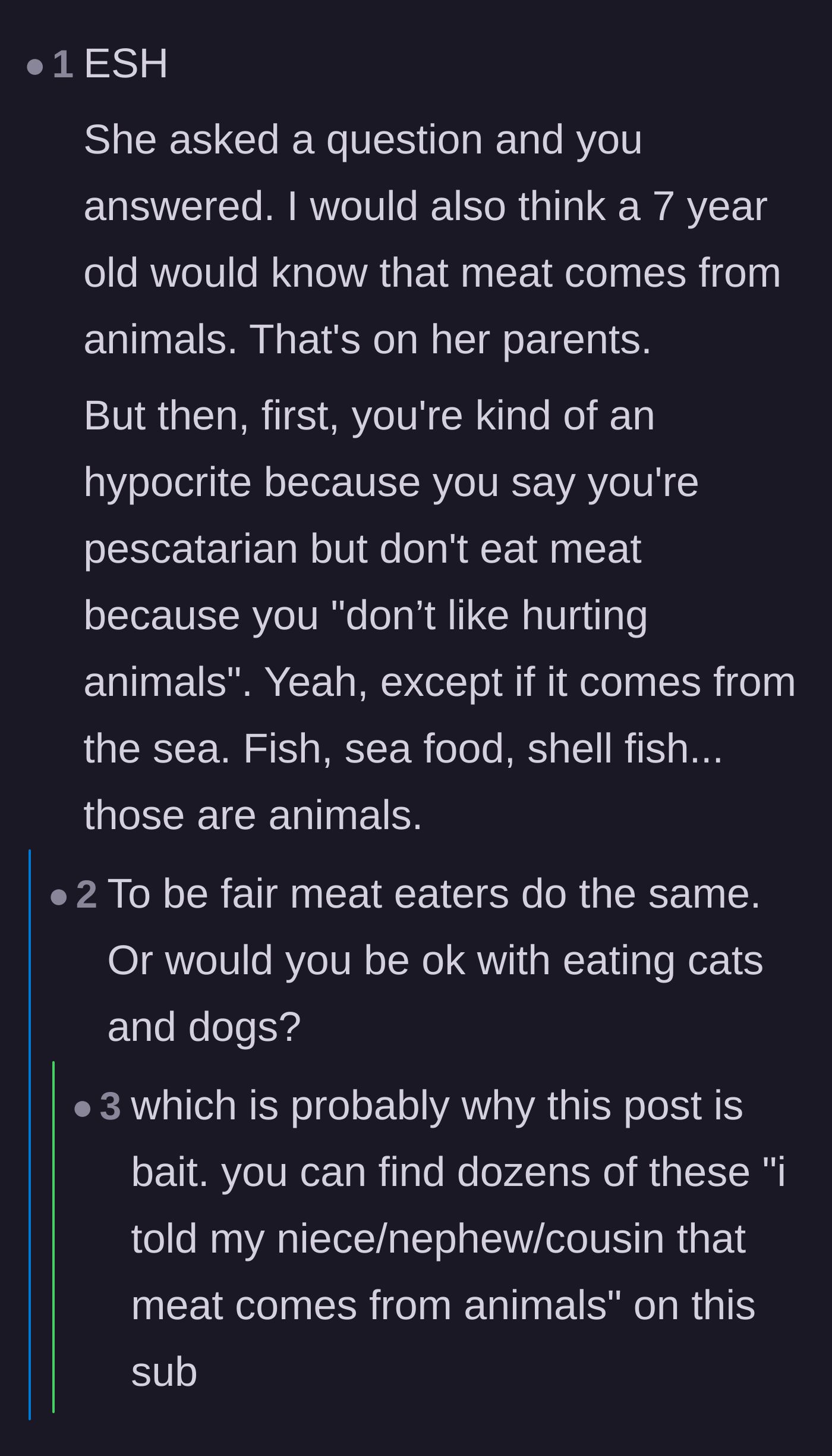 Comment thread 4 - Readers calling out the biological hypocrisy of eating fish while claiming to avoid hurting animals.