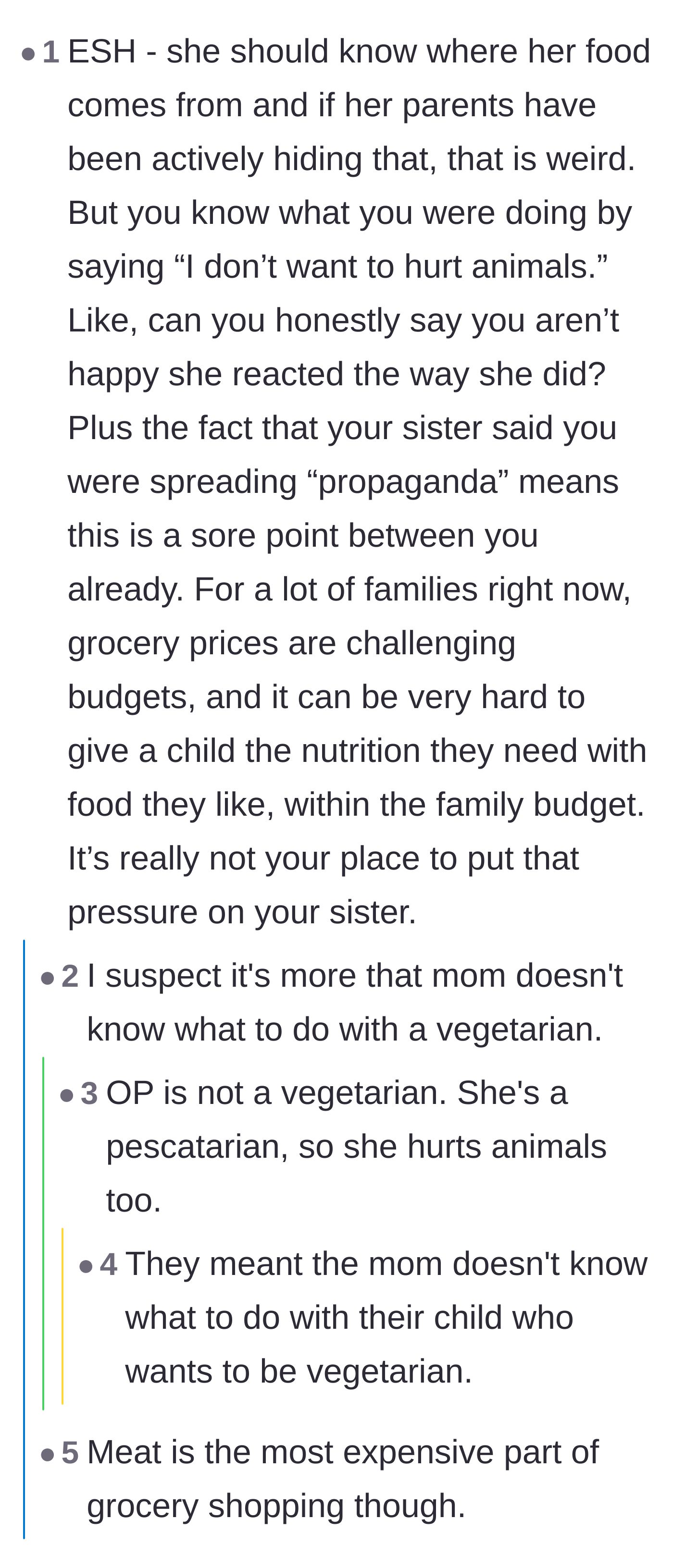 Comment thread 5 - A practical critique highlighting how the narrator's phrasing impacts the family's already stressful grocery budget.
