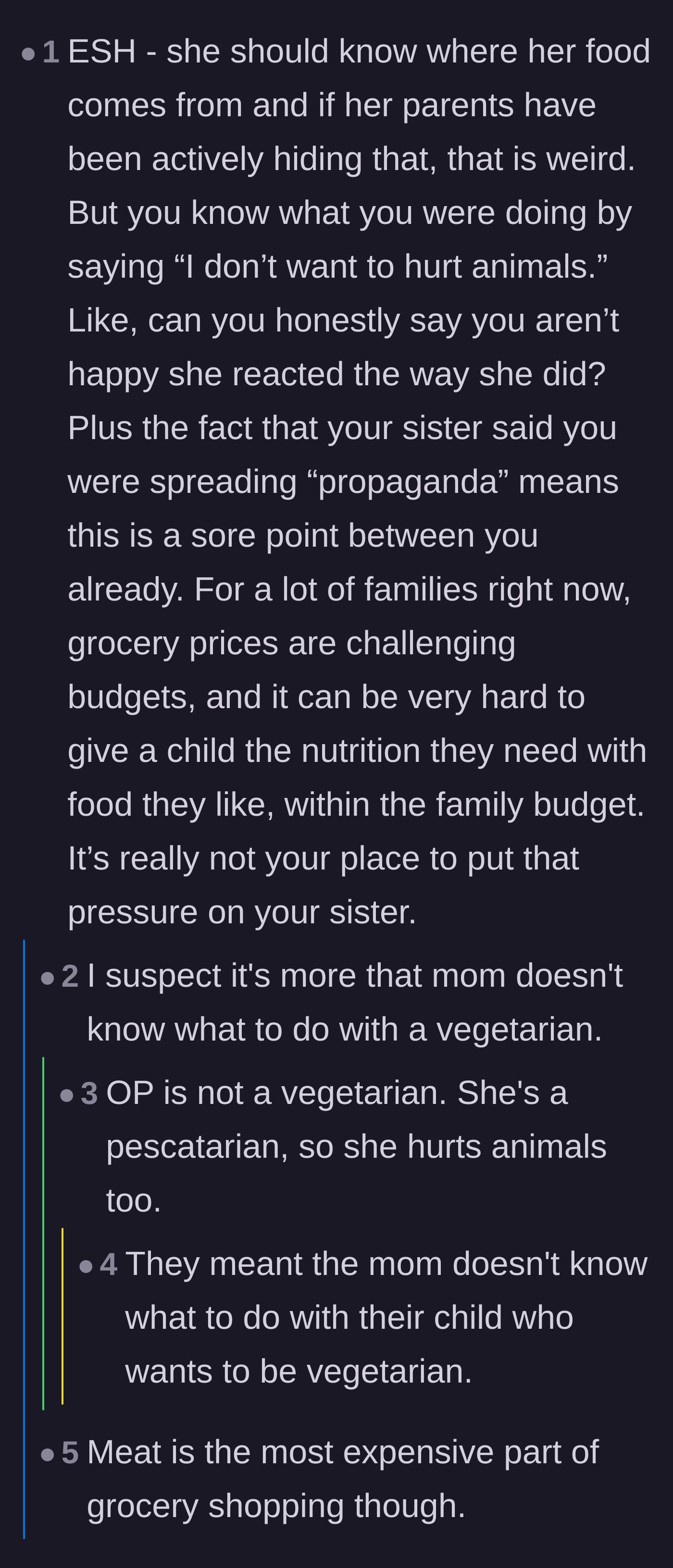 Comment thread 5 - A practical critique highlighting how the narrator's phrasing impacts the family's already stressful grocery budget.