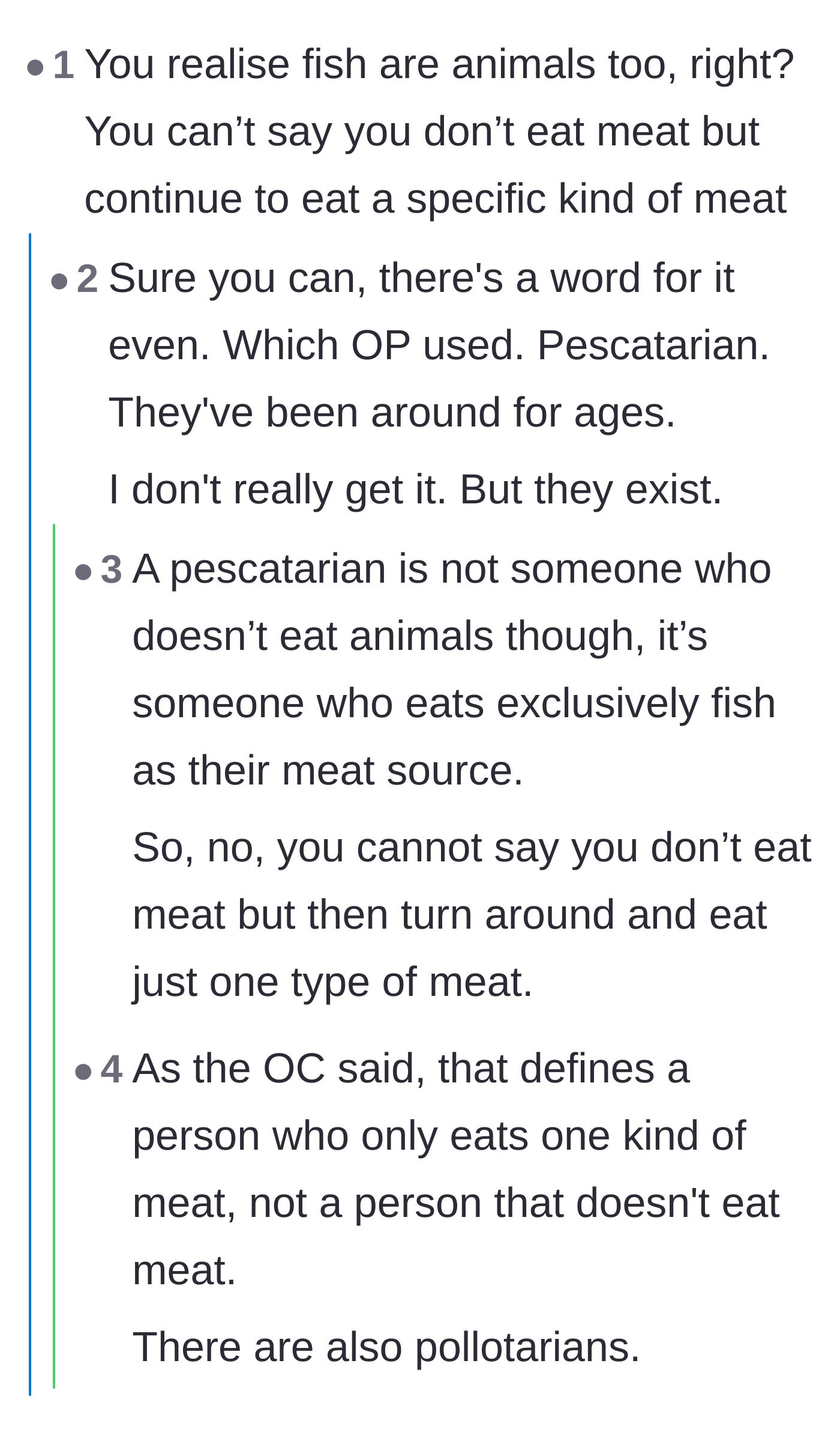 Comment thread 6 - An argument over the literal definition of meat and whether fish technically qualifies.