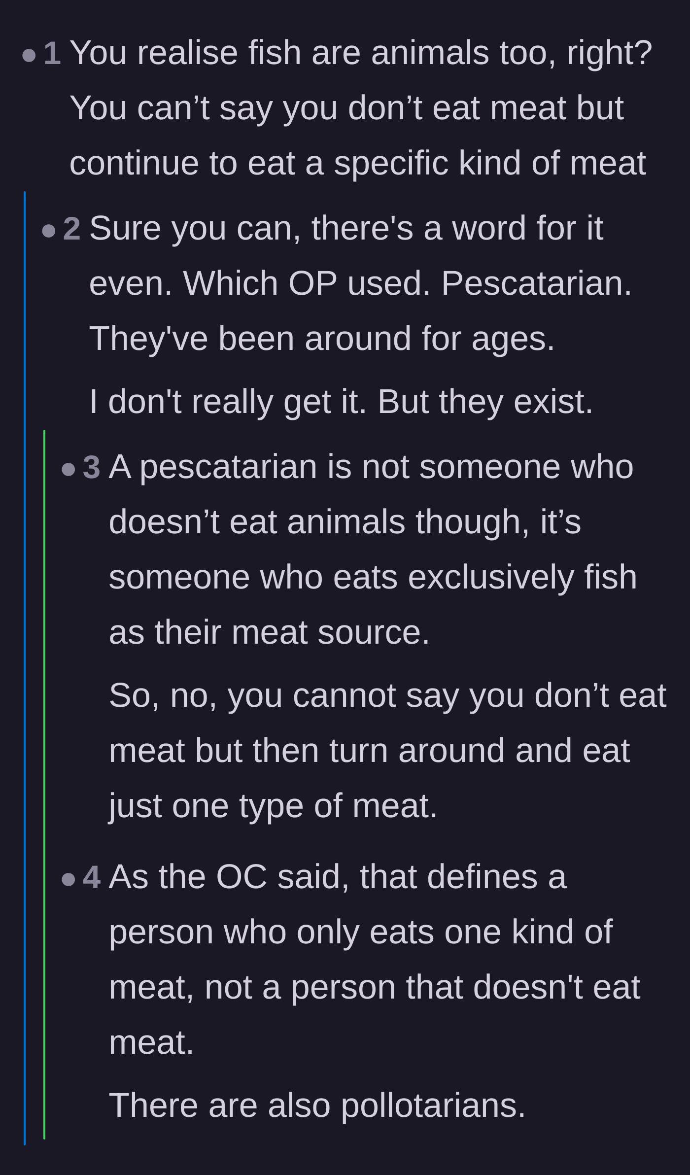 Comment thread 6 - An argument over the literal definition of meat and whether fish technically qualifies.