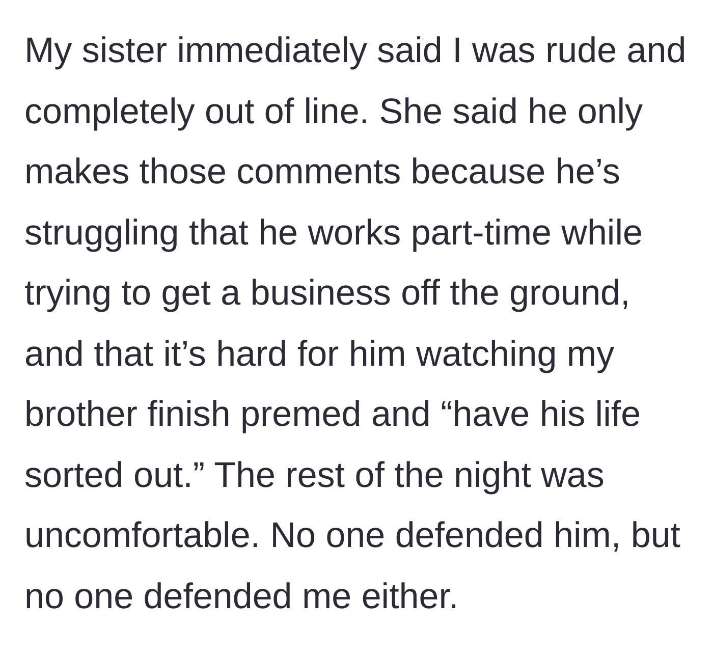 Story part 4 - The sister gets scolded by her older sister for being cruel to her struggling husband, while the rest of the family stays uncomfortably silent.